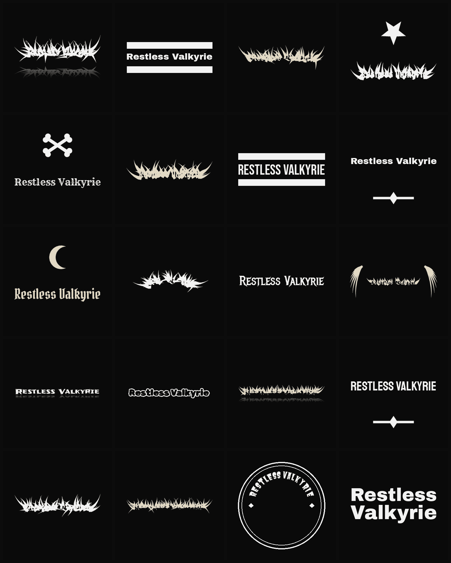 Twenty Restless Valkyrie band logo ideas — different faces, treatments and spike settings