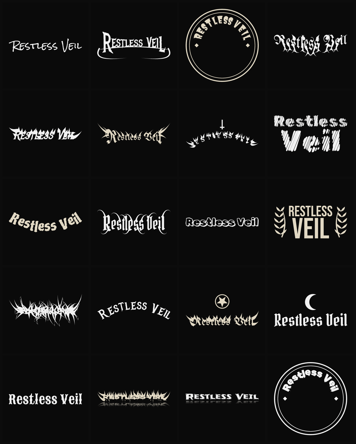 Twenty Restless Veil band logo ideas — different faces, treatments and spike settings