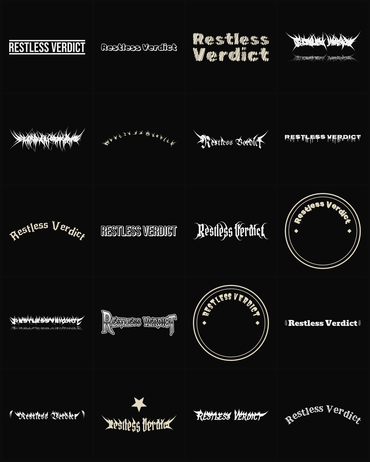 Twenty Restless Verdict band logo ideas — different faces, treatments and spike settings