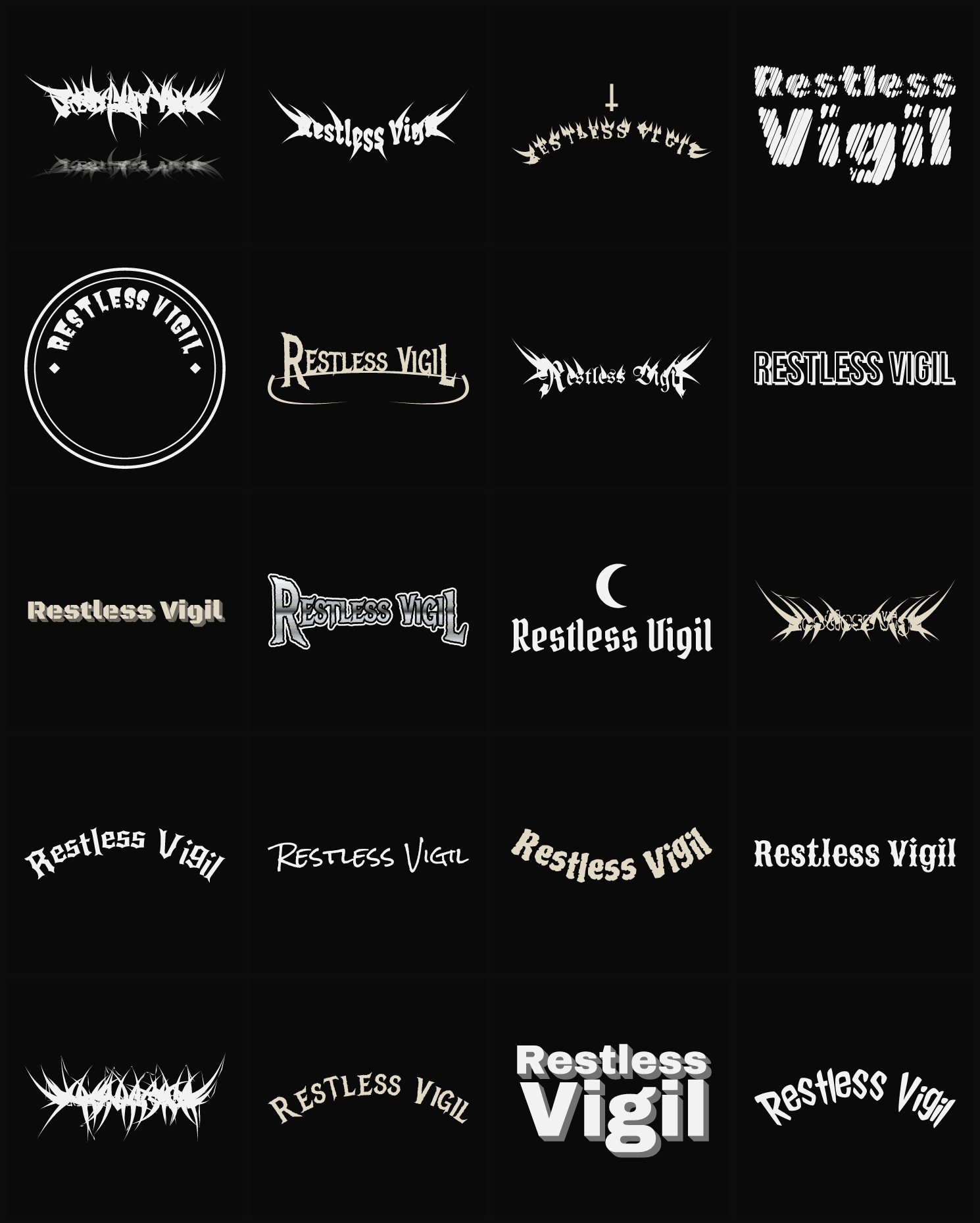 Twenty Restless Vigil band logo ideas — different faces, treatments and spike settings