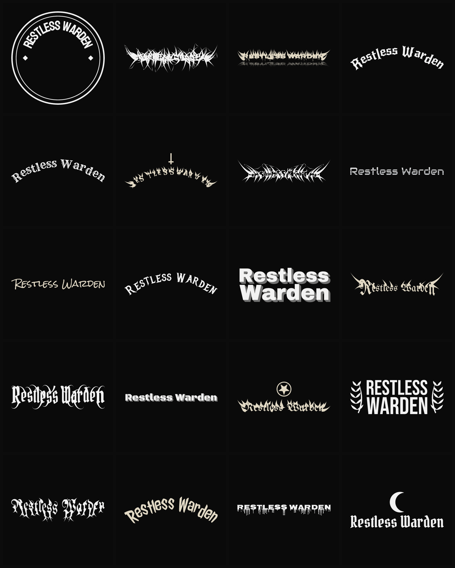 Twenty Restless Warden band logo ideas — different faces, treatments and spike settings