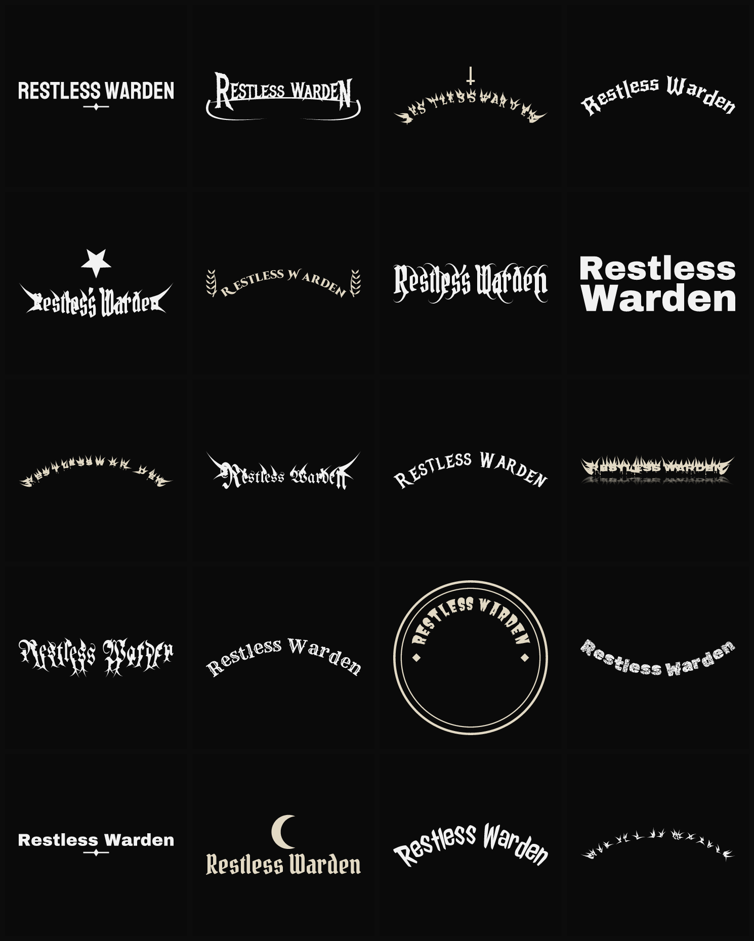 Twenty Restless Warden band logo ideas — different faces, treatments and spike settings