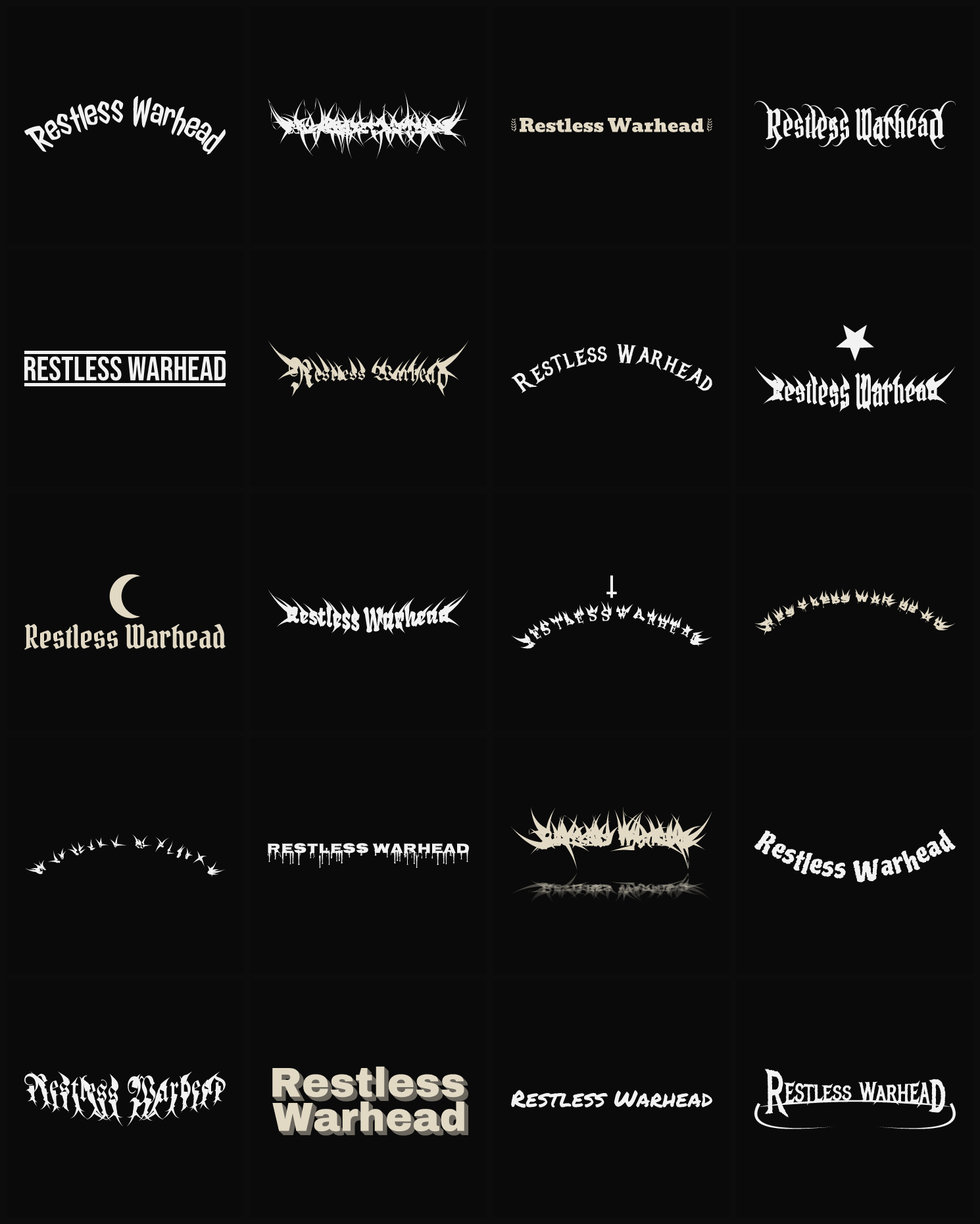 Twenty Restless Warhead band logo ideas — different faces, treatments and spike settings