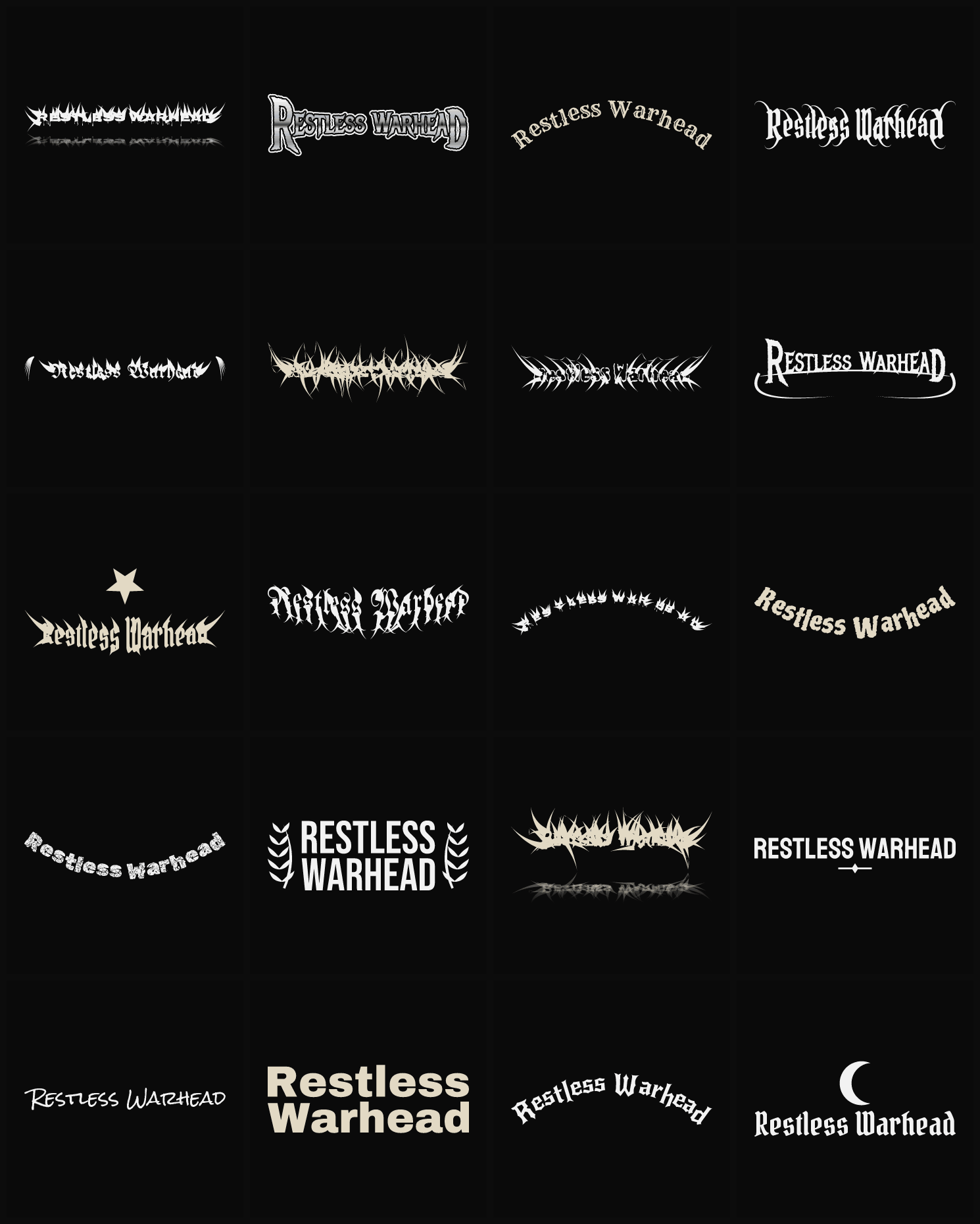 Twenty Restless Warhead band logo ideas — different faces, treatments and spike settings