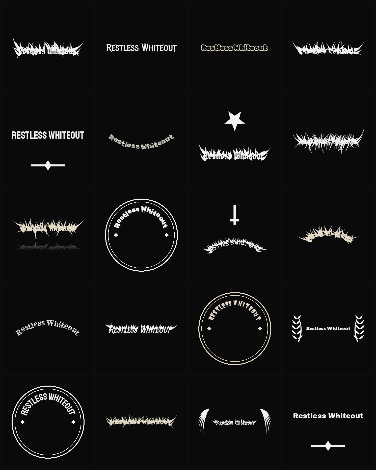 Twenty Restless Whiteout band logo ideas — different faces, treatments and spike settings