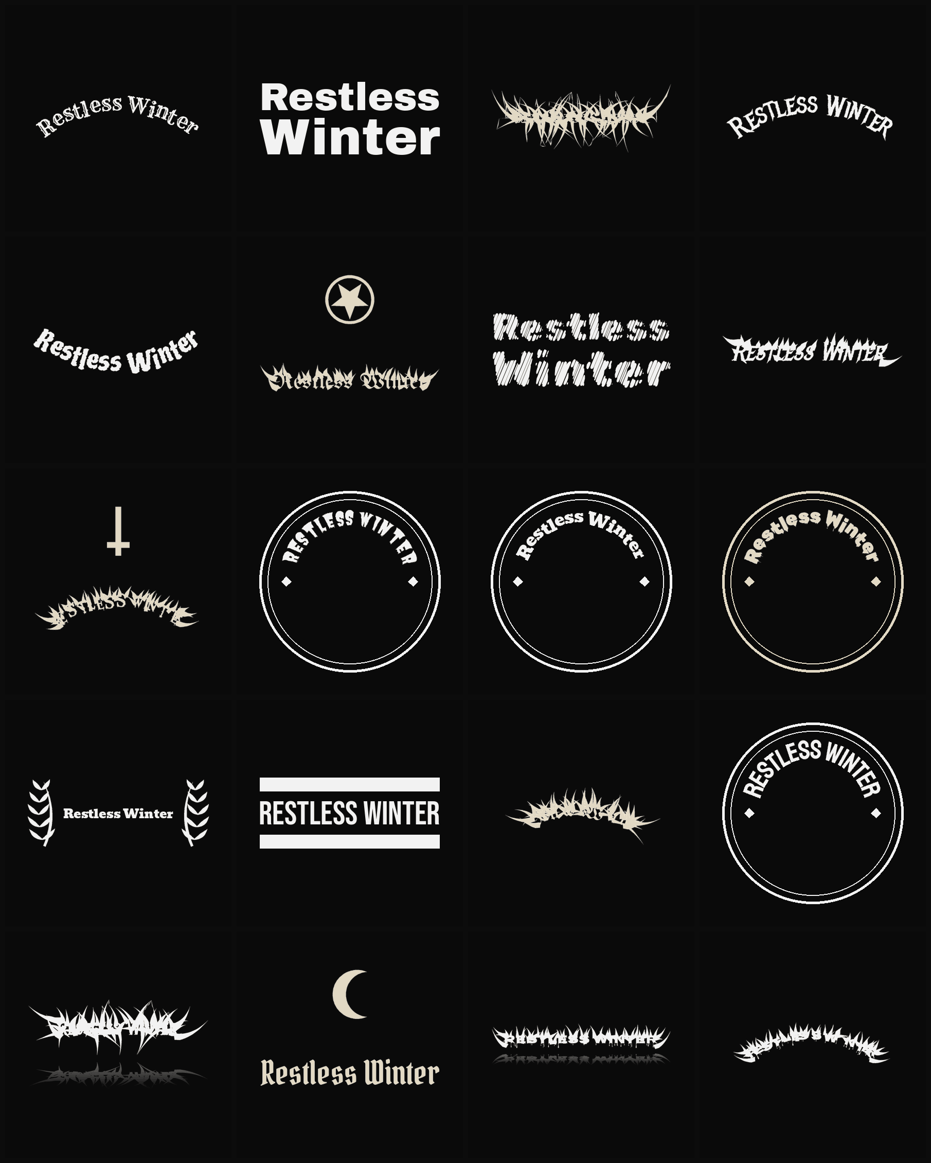 Twenty Restless Winter band logo ideas — different faces, treatments and spike settings