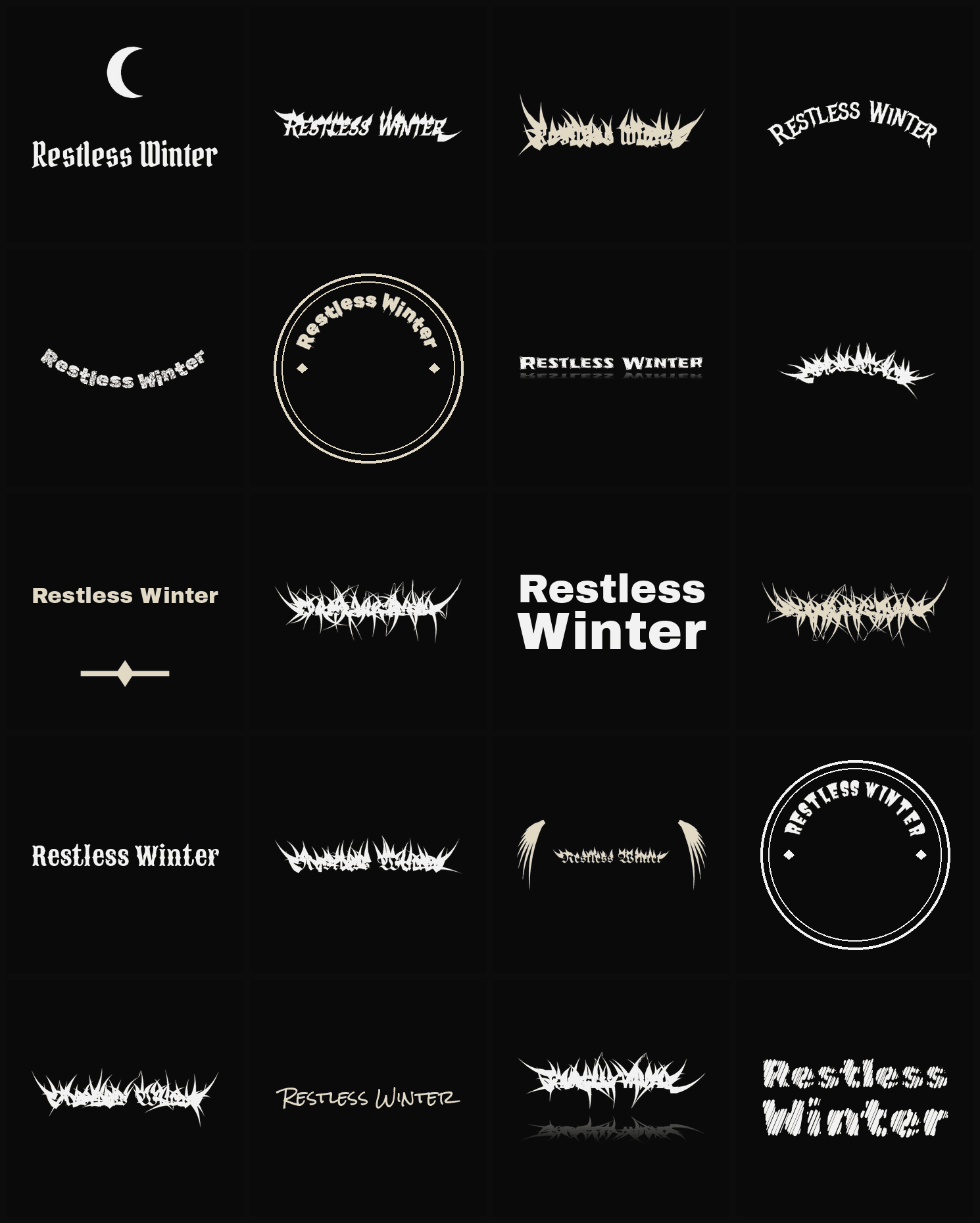 Twenty Restless Winter band logo ideas — different faces, treatments and spike settings