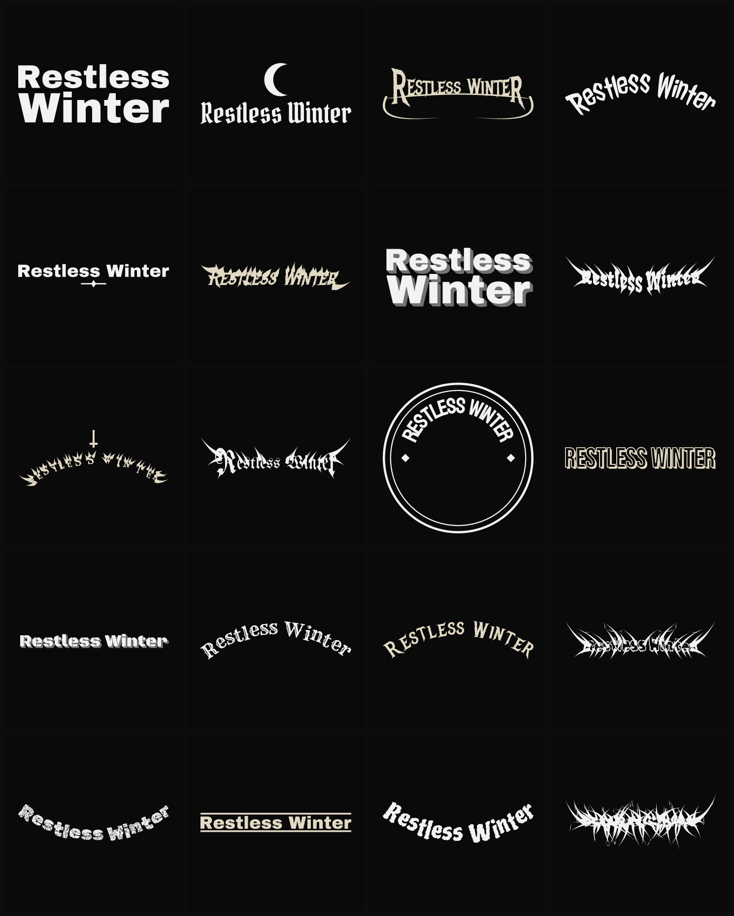 Twenty Restless Winter band logo ideas — different faces, treatments and spike settings