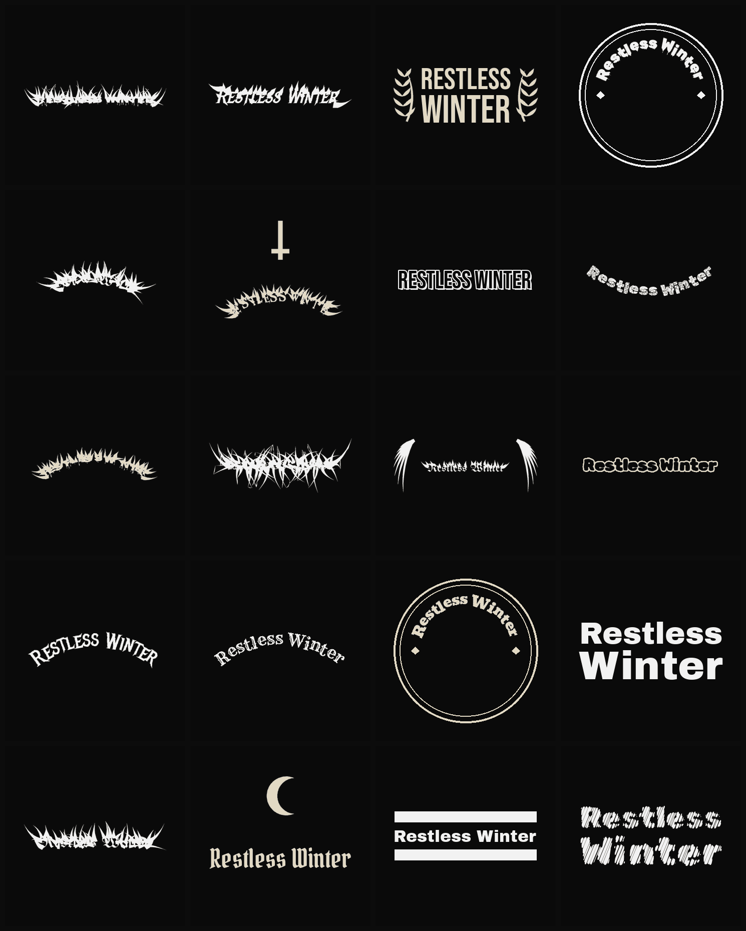 Twenty Restless Winter band logo ideas — different faces, treatments and spike settings