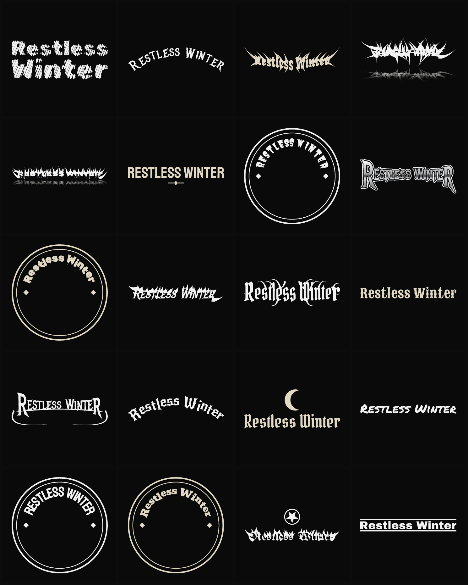 Twenty Restless Winter band logo ideas — different faces, treatments and spike settings
