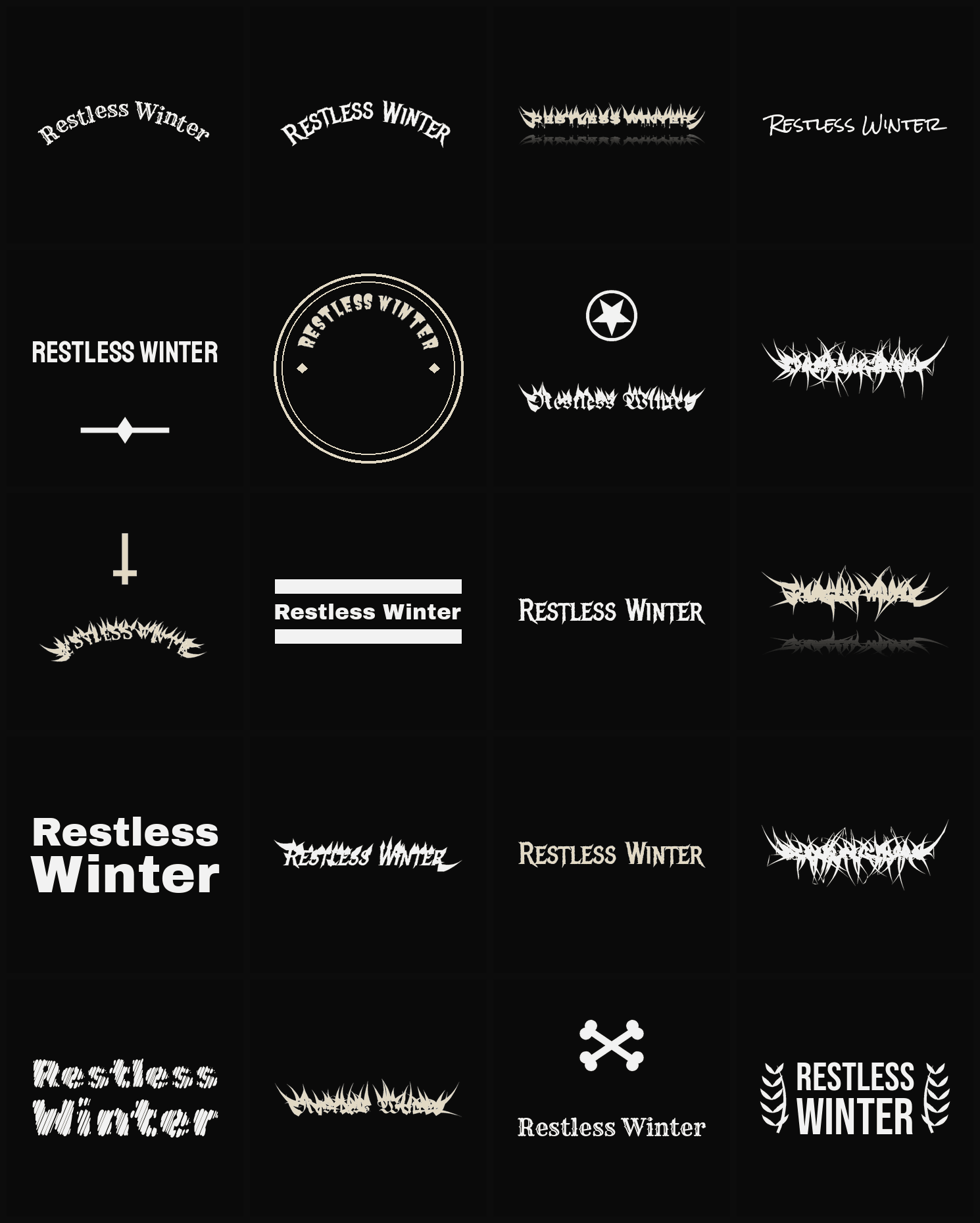 Twenty Restless Winter band logo ideas — different faces, treatments and spike settings