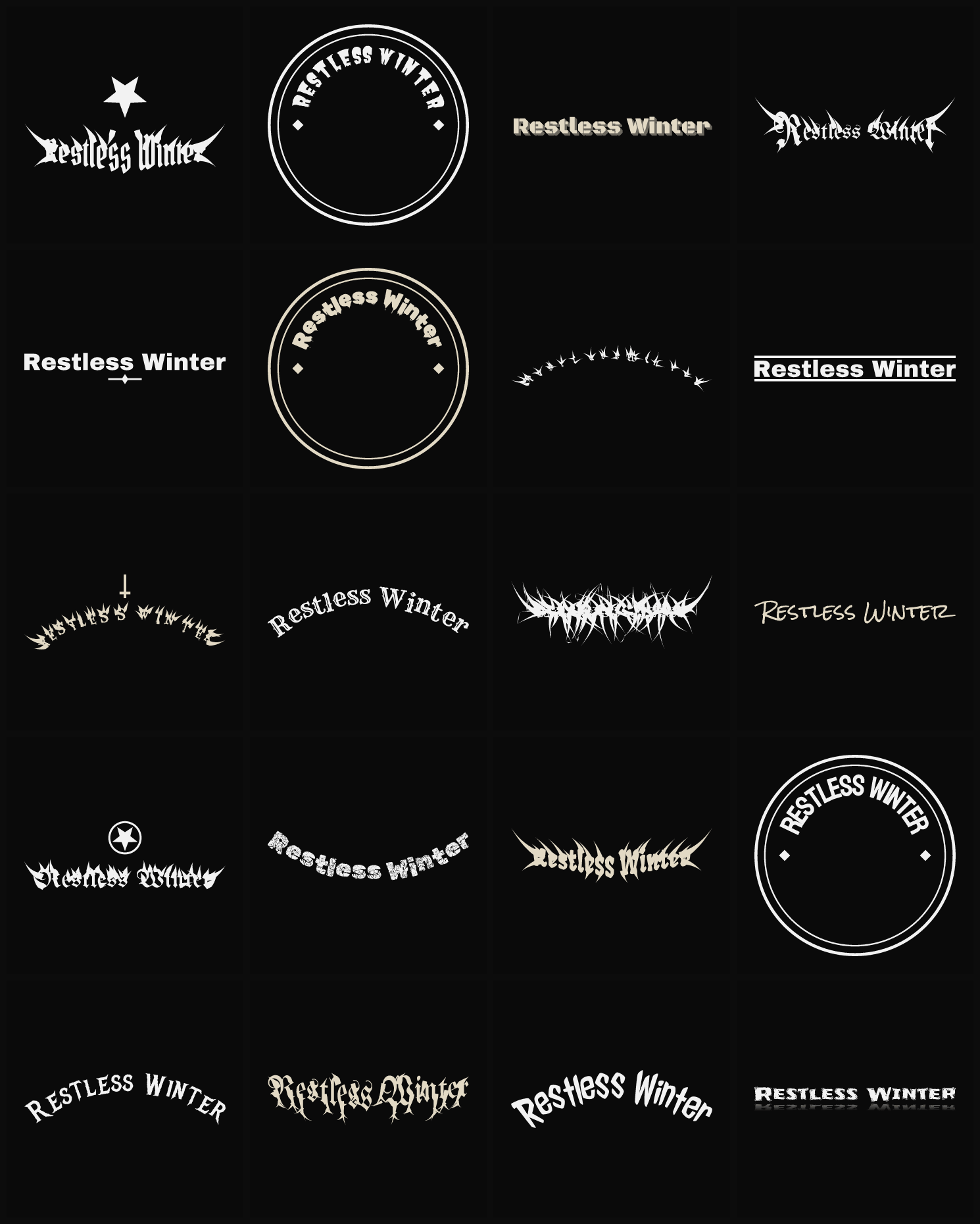 Twenty Restless Winter band logo ideas — different faces, treatments and spike settings