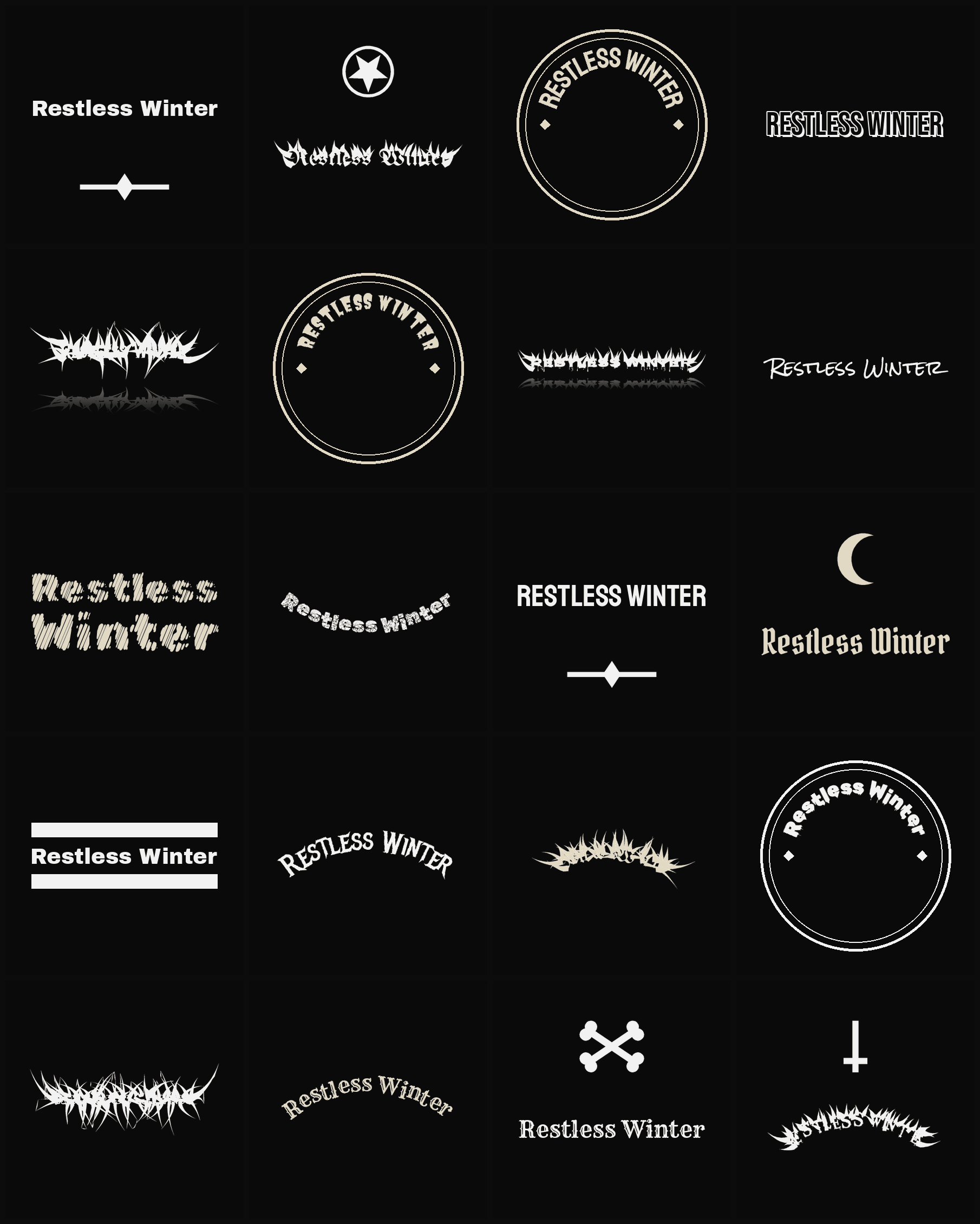 Twenty Restless Winter band logo ideas — different faces, treatments and spike settings