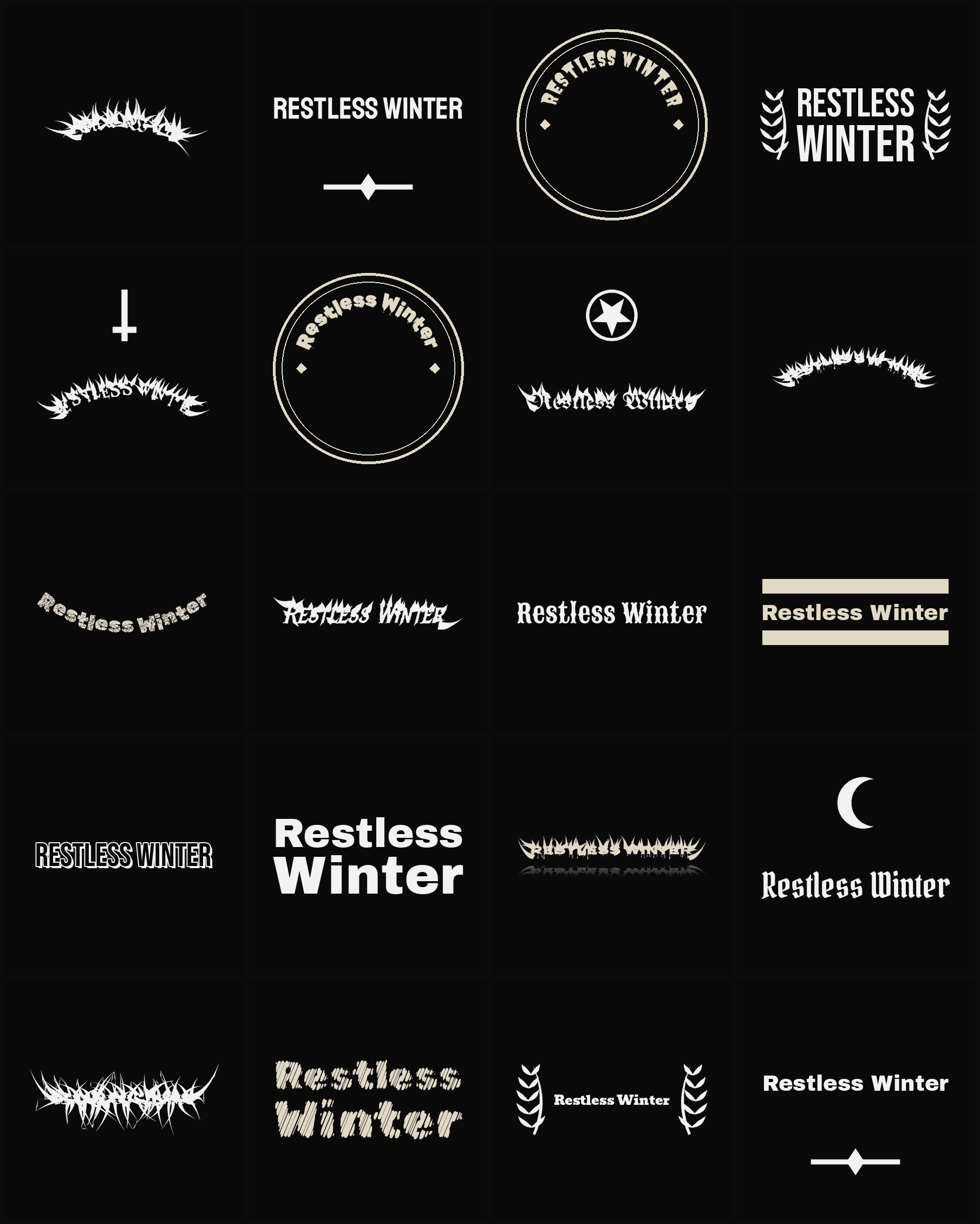 Twenty Restless Winter band logo ideas — different faces, treatments and spike settings