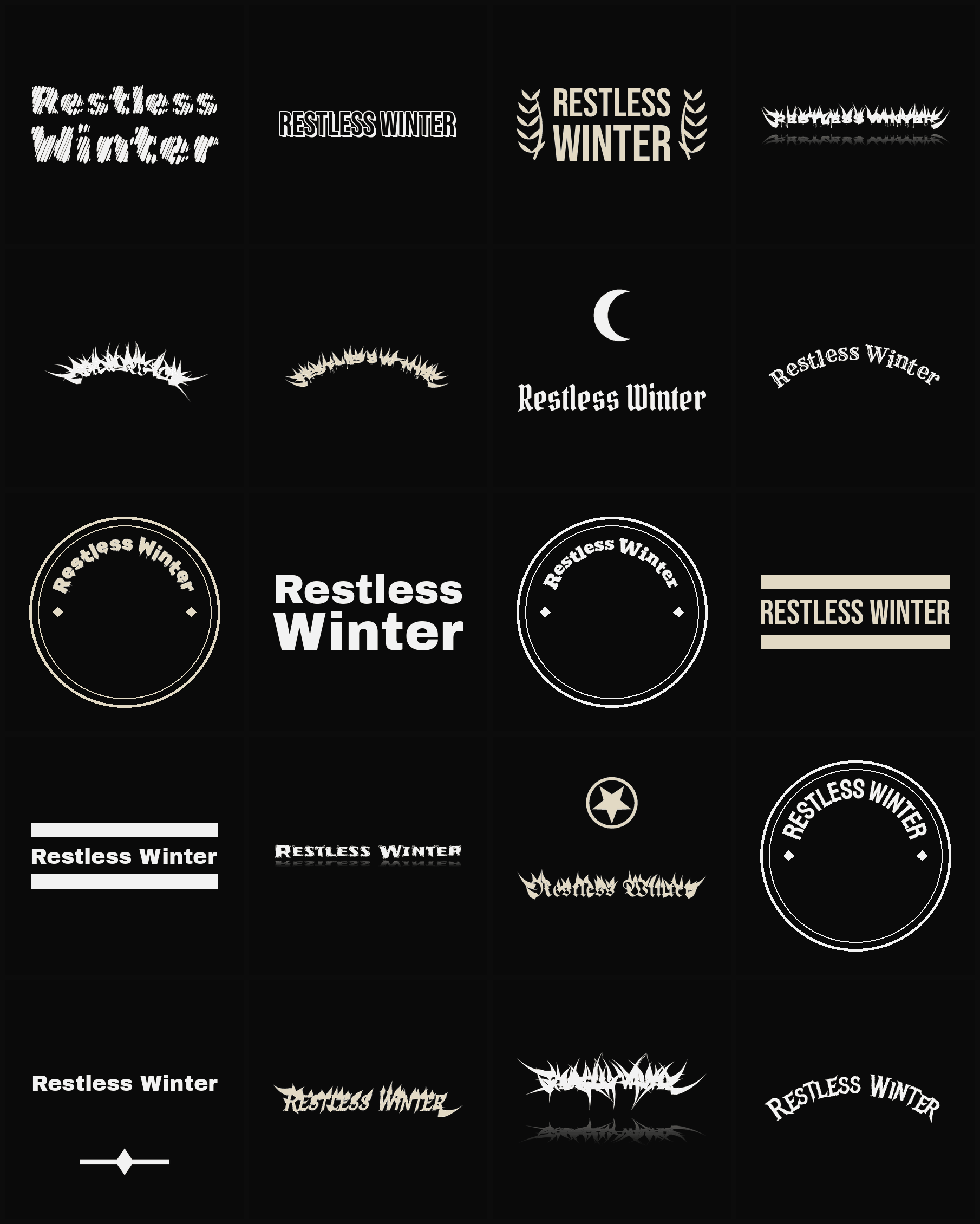Twenty Restless Winter band logo ideas — different faces, treatments and spike settings