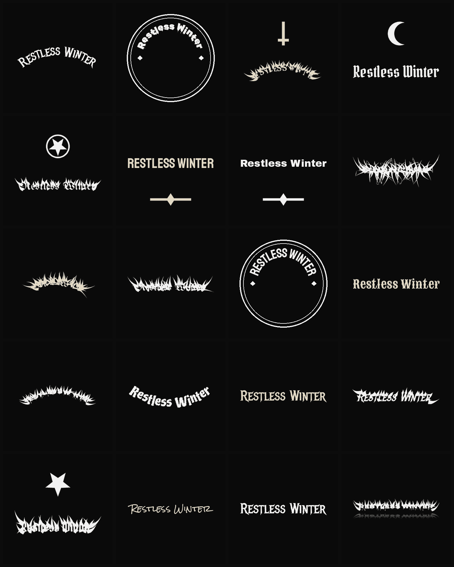 Twenty Restless Winter band logo ideas — different faces, treatments and spike settings