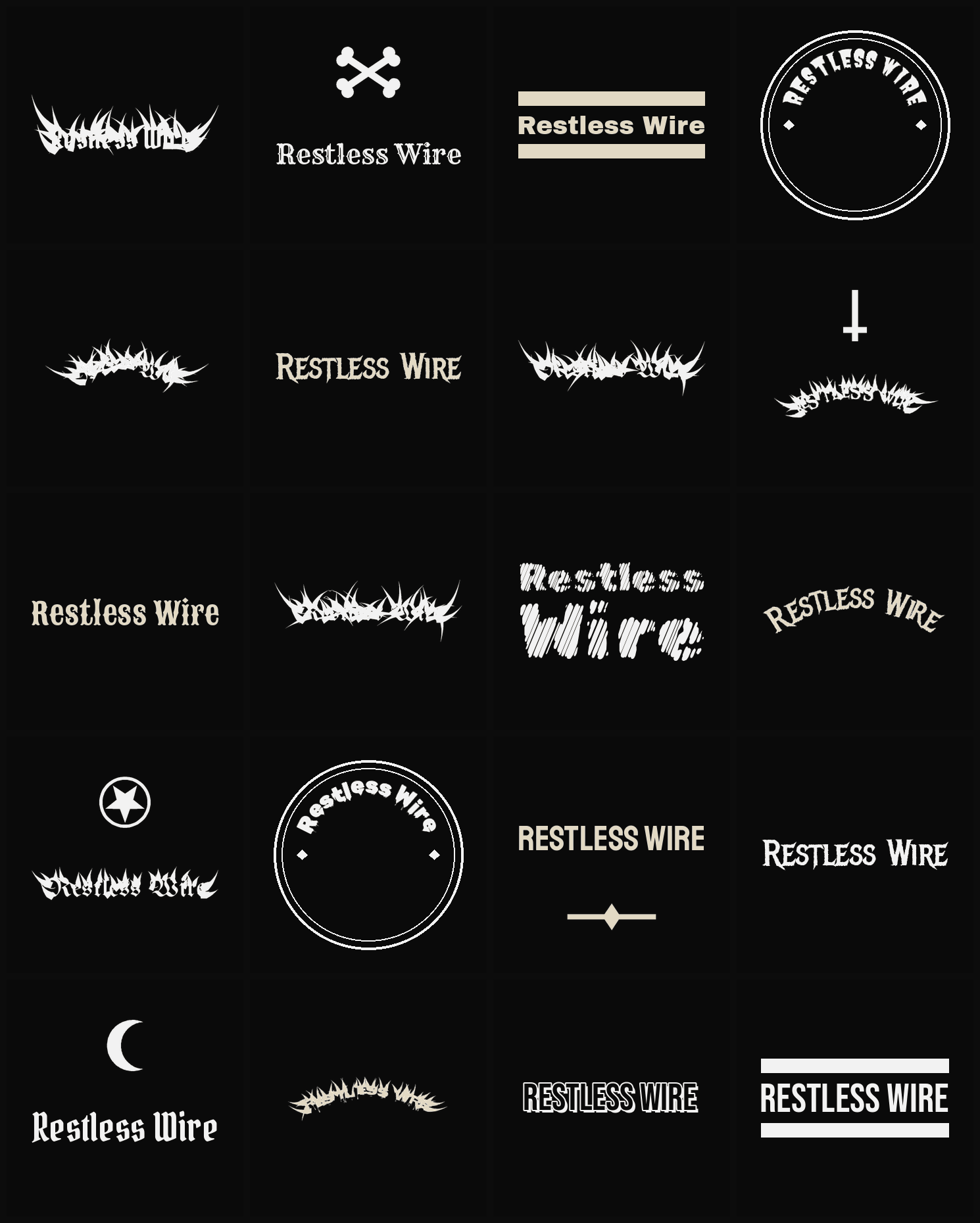 Twenty Restless Wire band logo ideas — different faces, treatments and spike settings