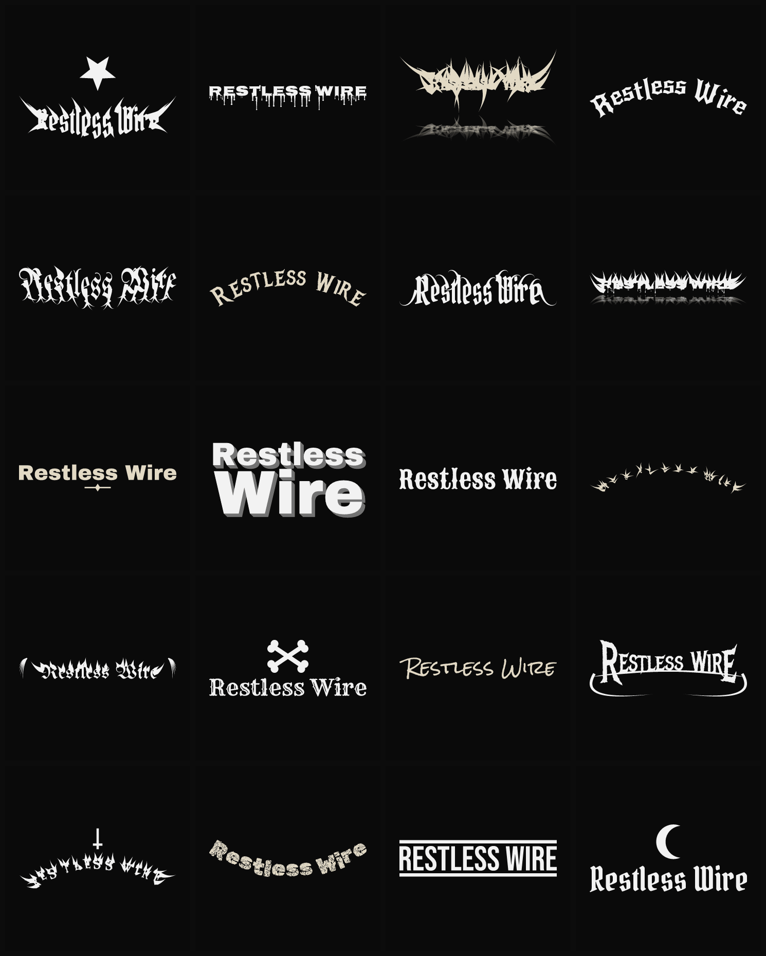 Twenty Restless Wire band logo ideas — different faces, treatments and spike settings