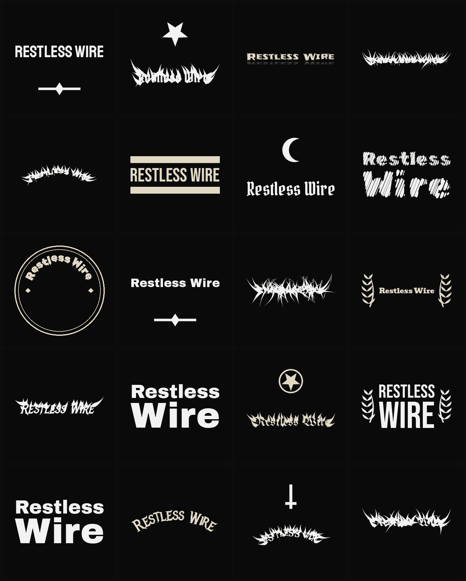 Twenty Restless Wire band logo ideas — different faces, treatments and spike settings