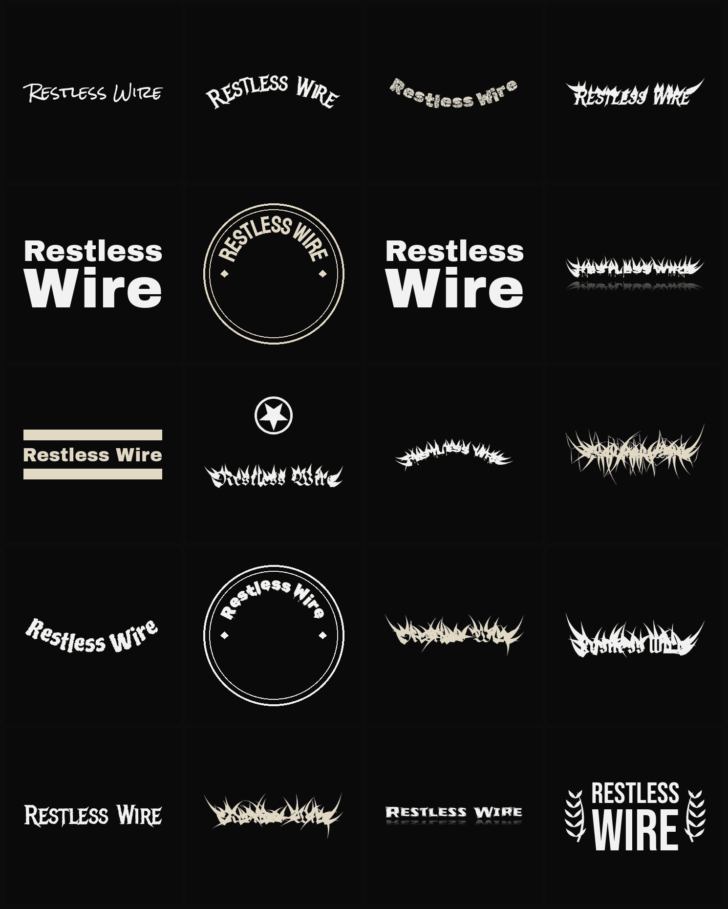 Twenty Restless Wire band logo ideas — different faces, treatments and spike settings