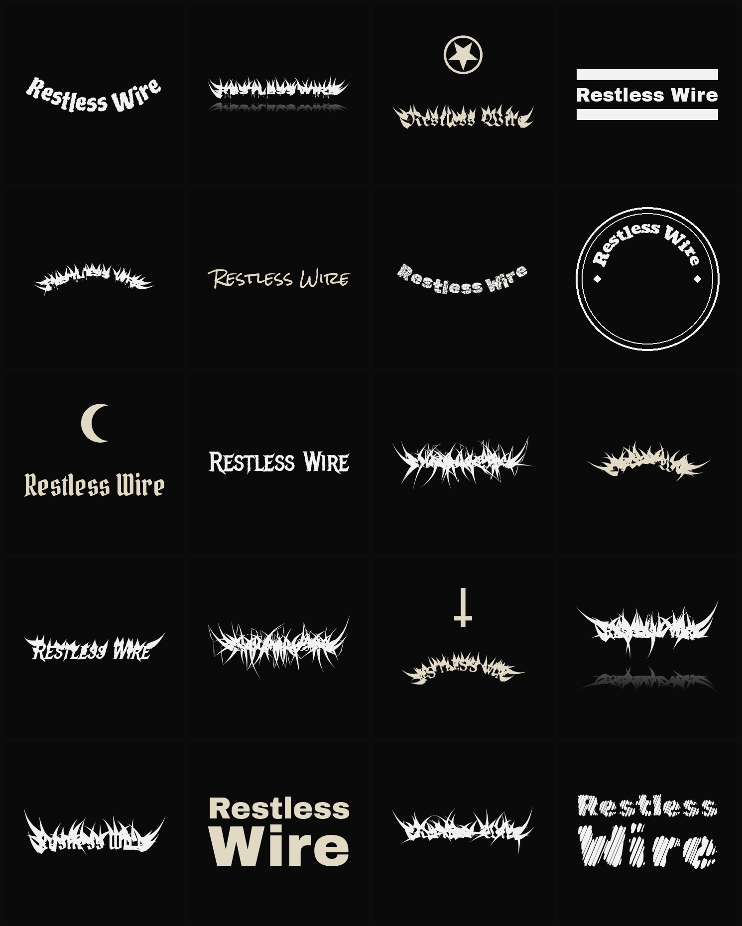 Twenty Restless Wire band logo ideas — different faces, treatments and spike settings