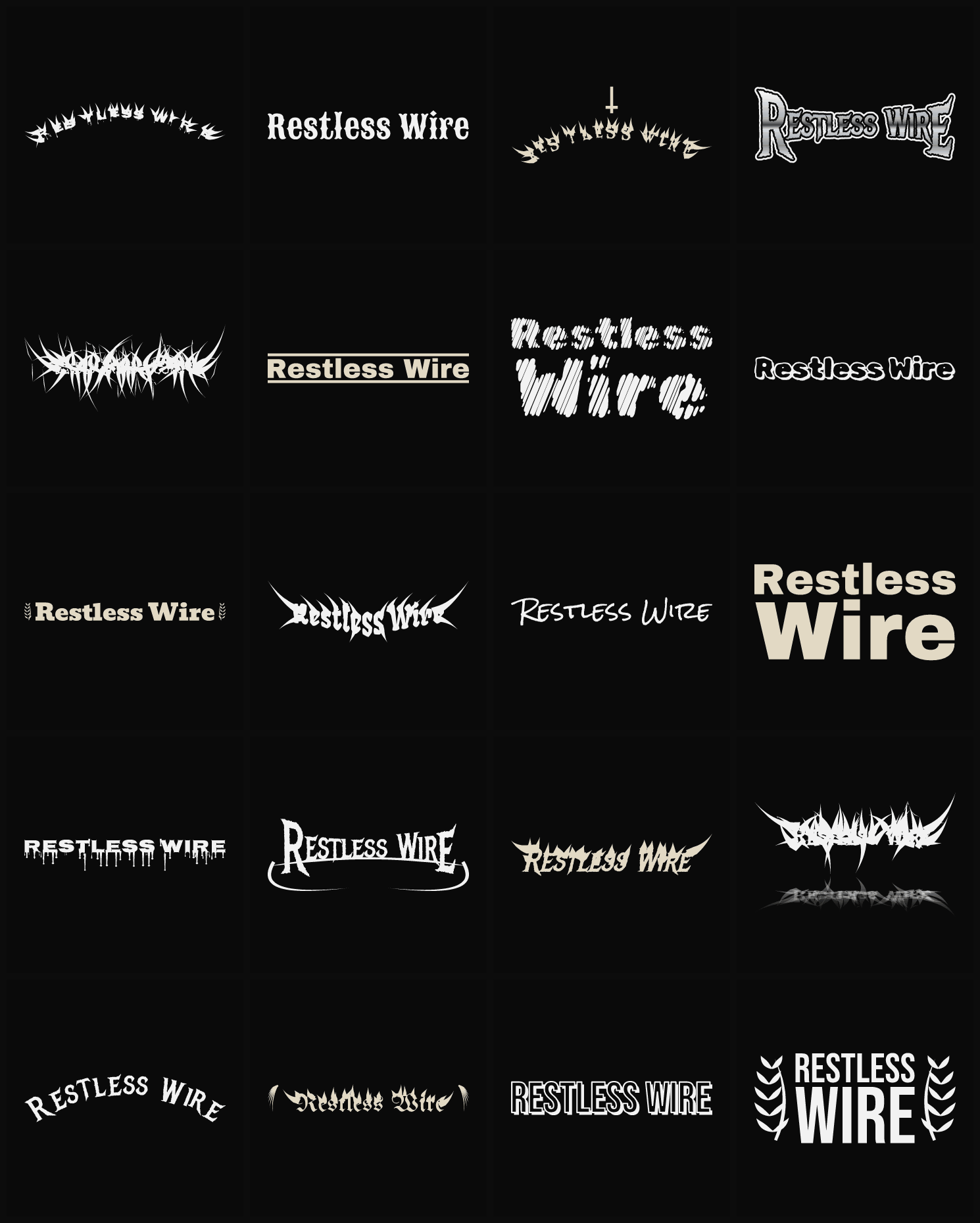Twenty Restless Wire band logo ideas — different faces, treatments and spike settings