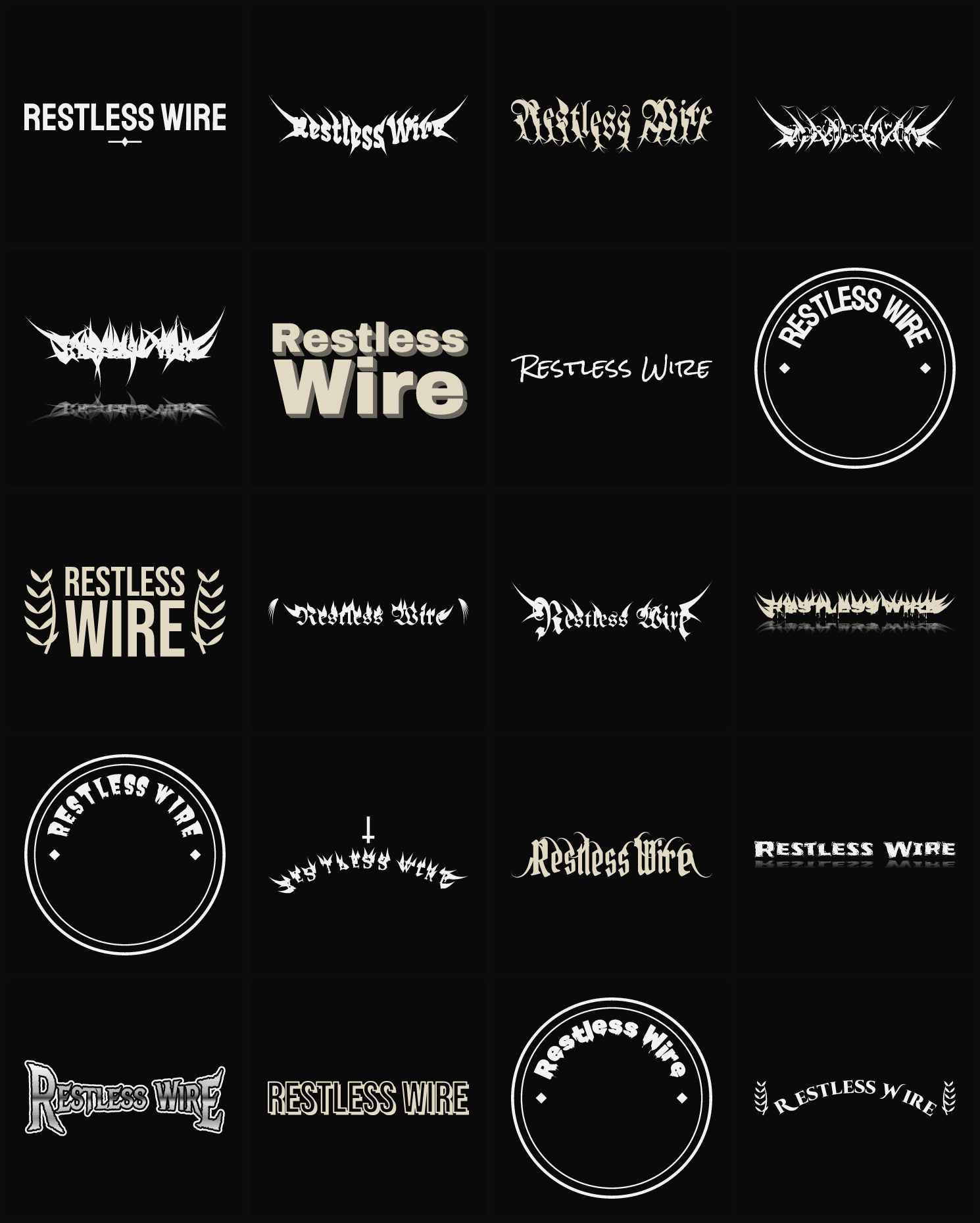 Twenty Restless Wire band logo ideas — different faces, treatments and spike settings