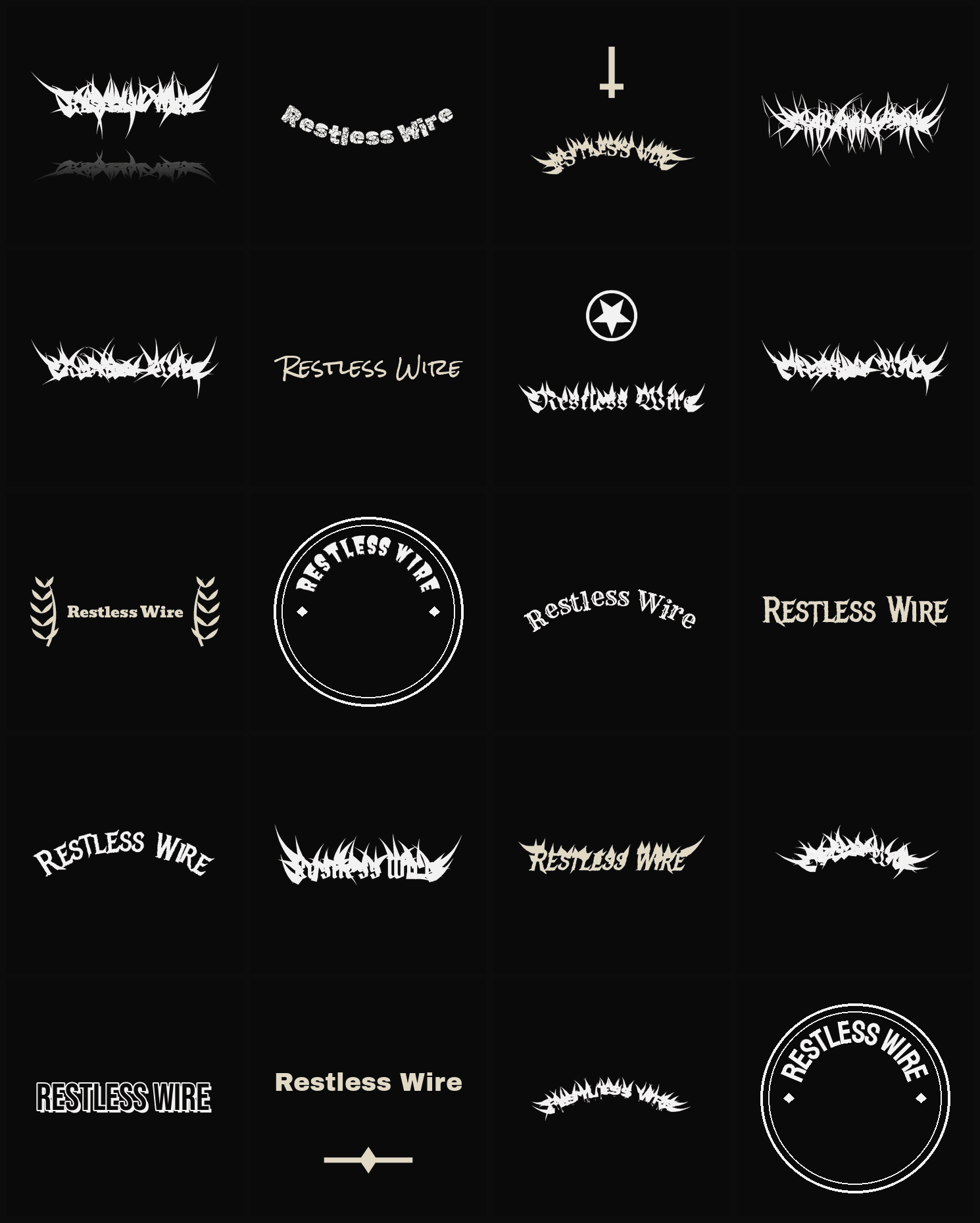 Twenty Restless Wire band logo ideas — different faces, treatments and spike settings