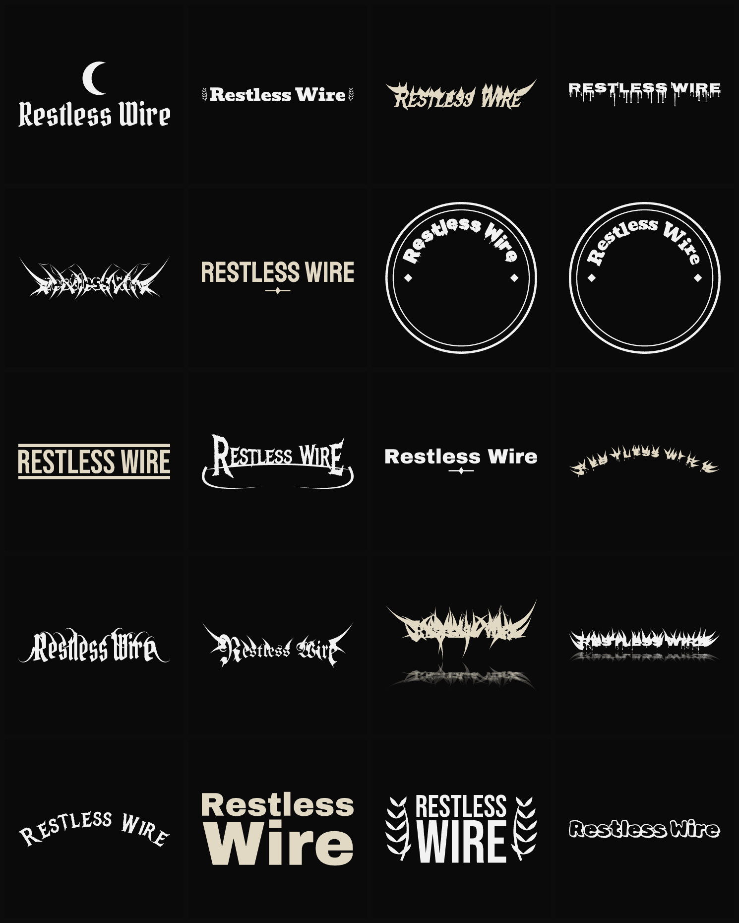 Twenty Restless Wire band logo ideas — different faces, treatments and spike settings