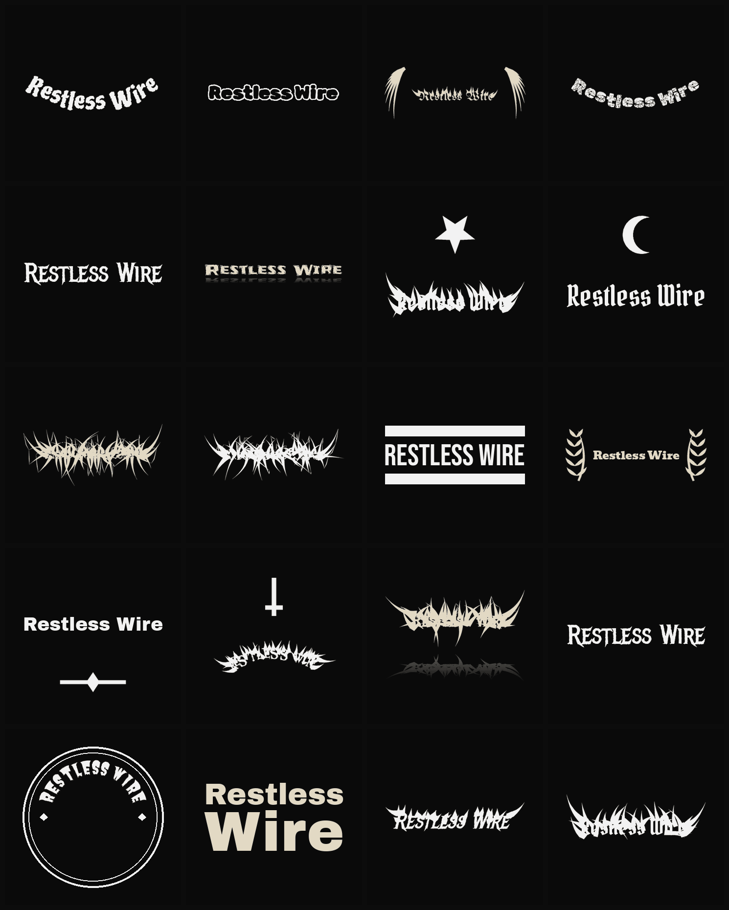 Twenty Restless Wire band logo ideas — different faces, treatments and spike settings