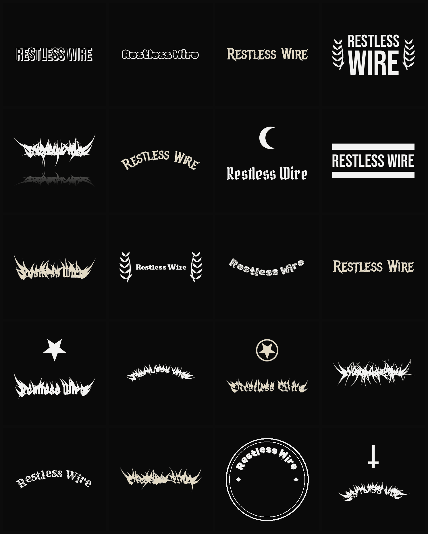 Twenty Restless Wire band logo ideas — different faces, treatments and spike settings