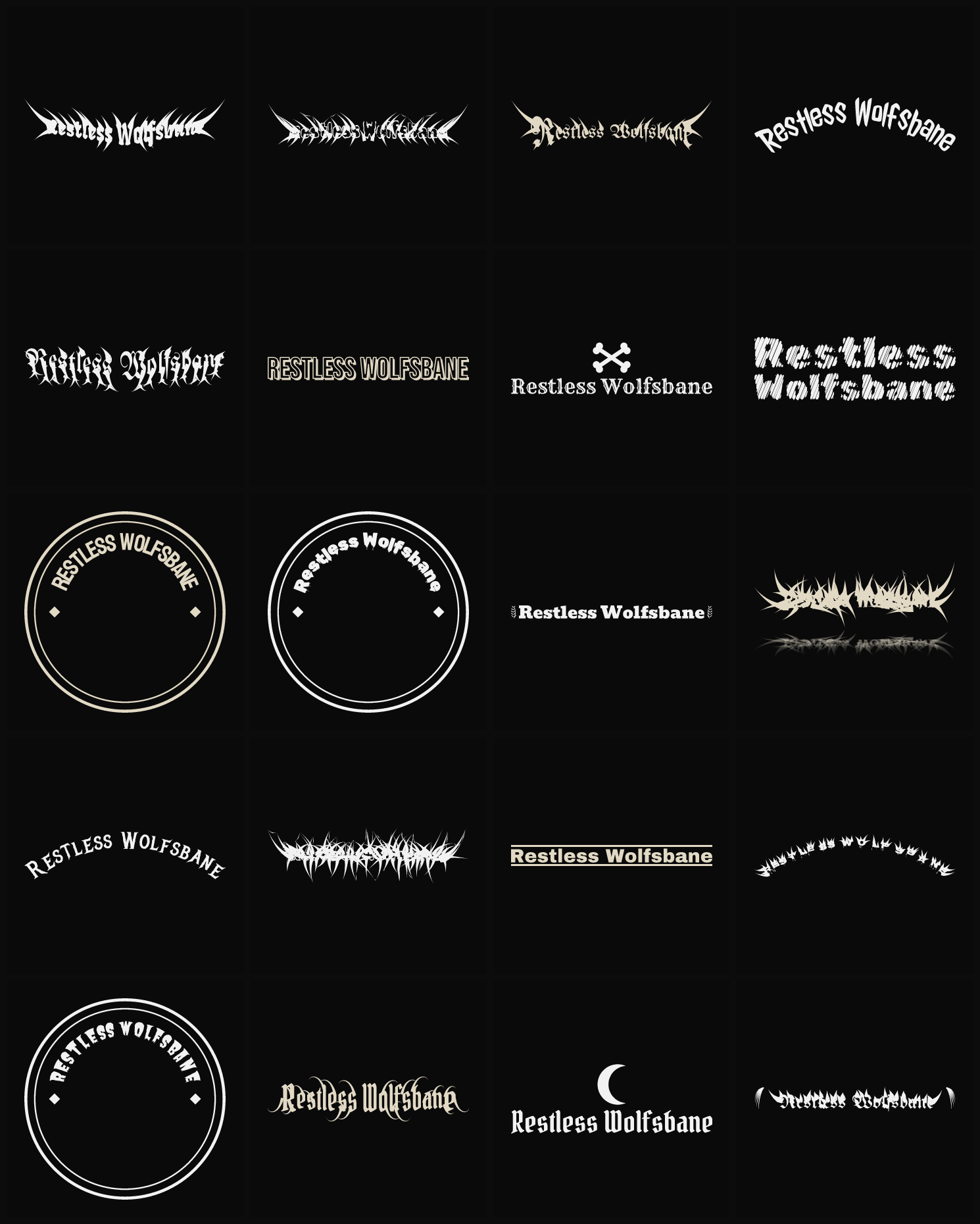 Twenty Restless Wolfsbane band logo ideas — different faces, treatments and spike settings