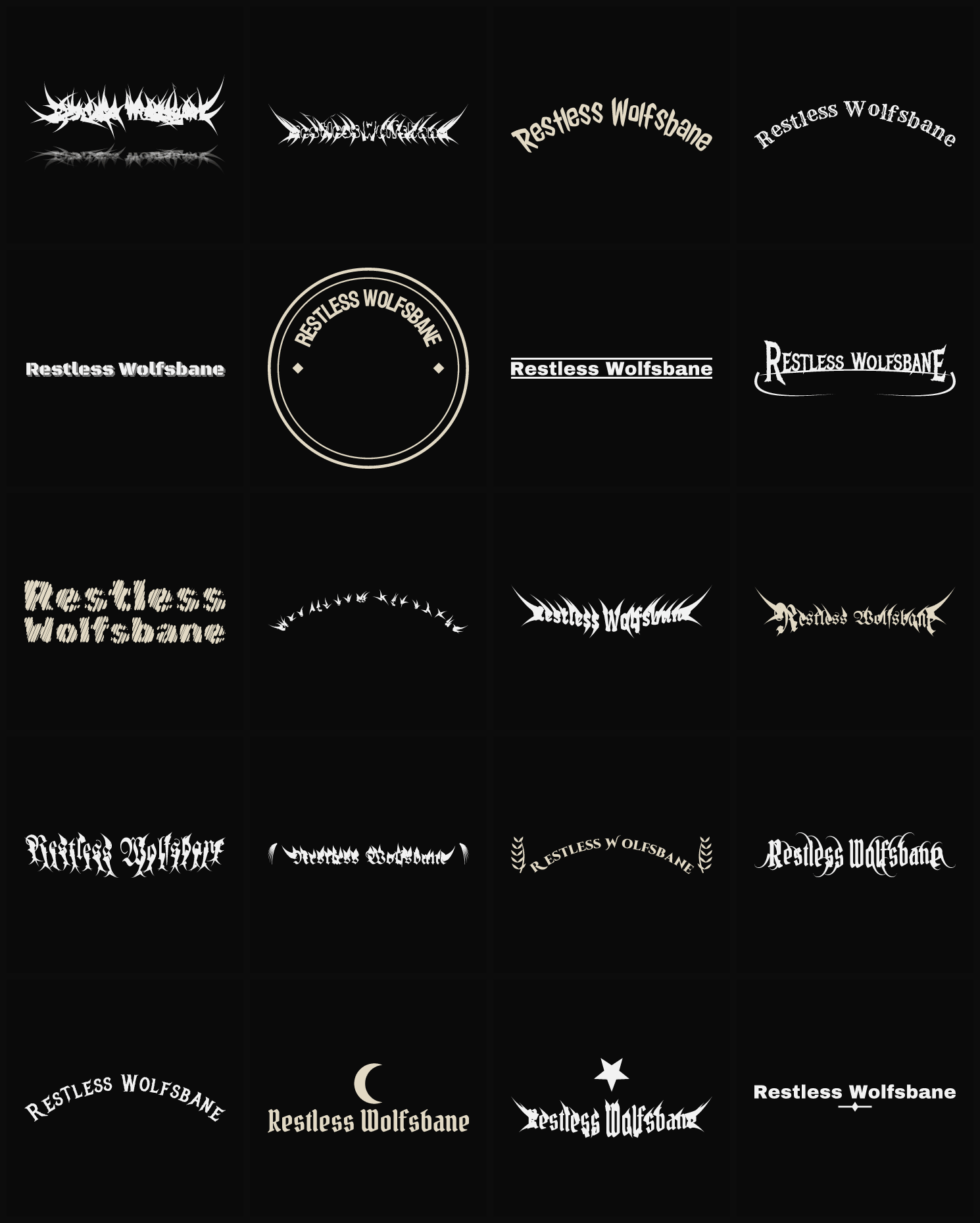 Twenty Restless Wolfsbane band logo ideas — different faces, treatments and spike settings
