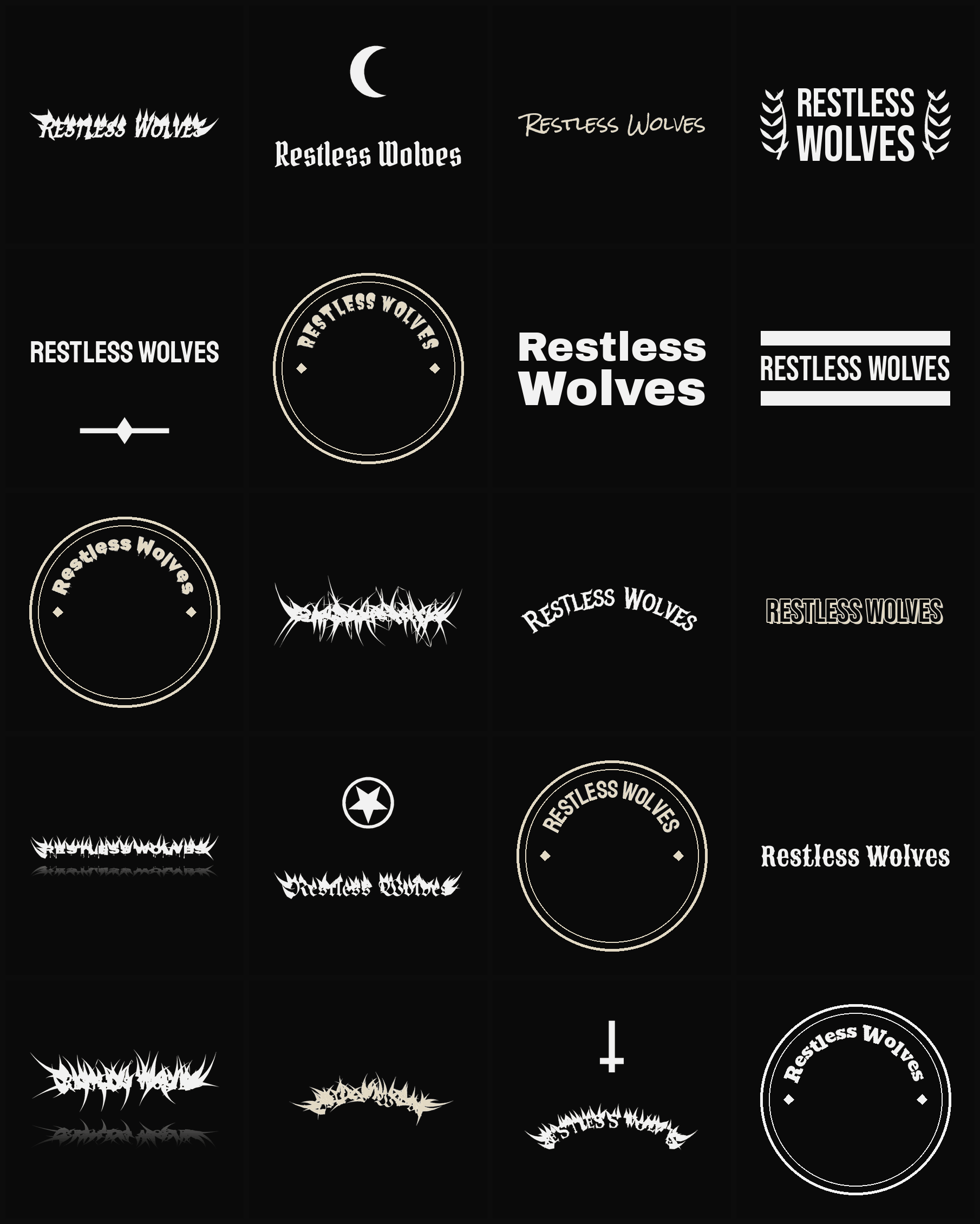 Twenty Restless Wolves band logo ideas — different faces, treatments and spike settings