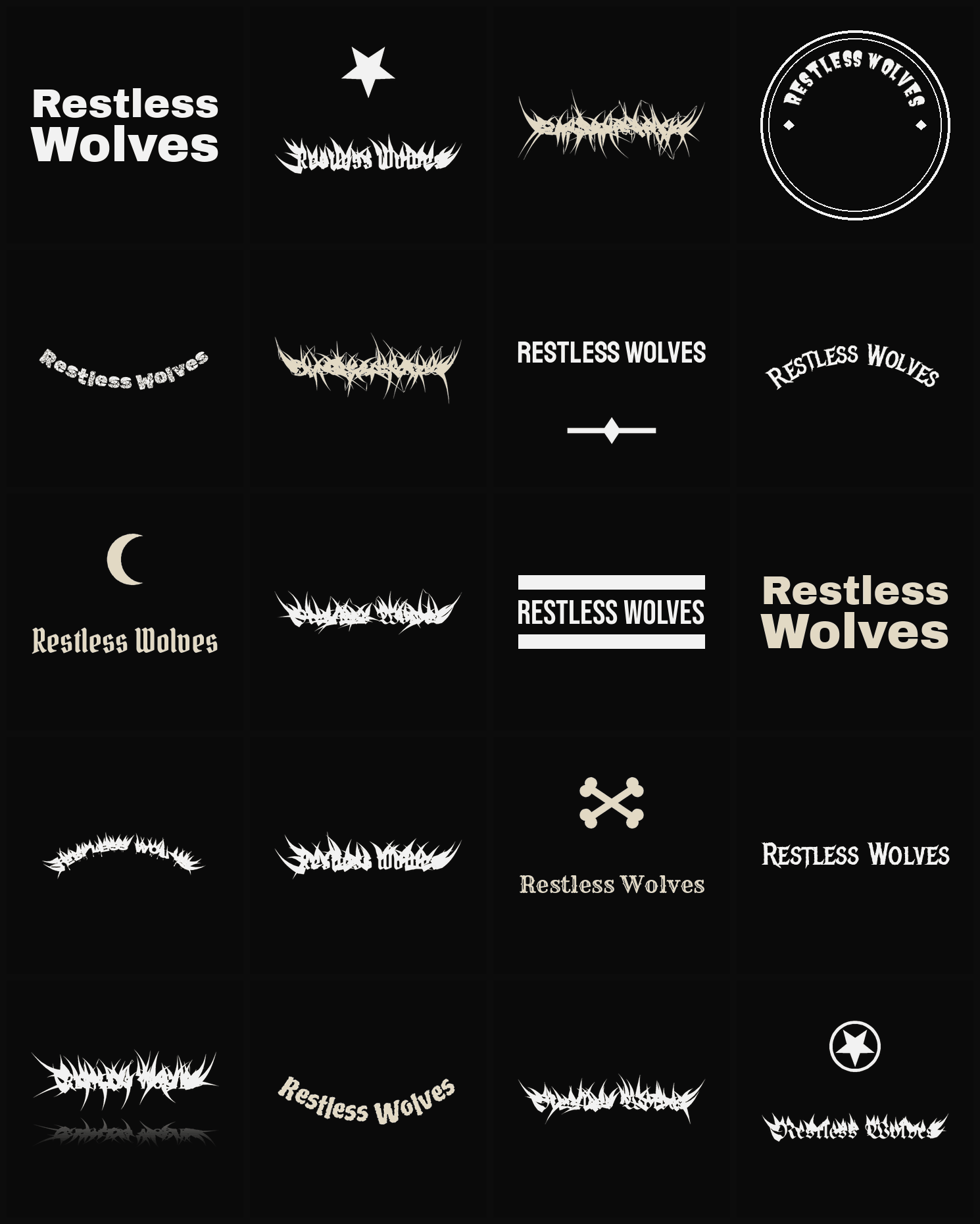 Twenty Restless Wolves band logo ideas — different faces, treatments and spike settings
