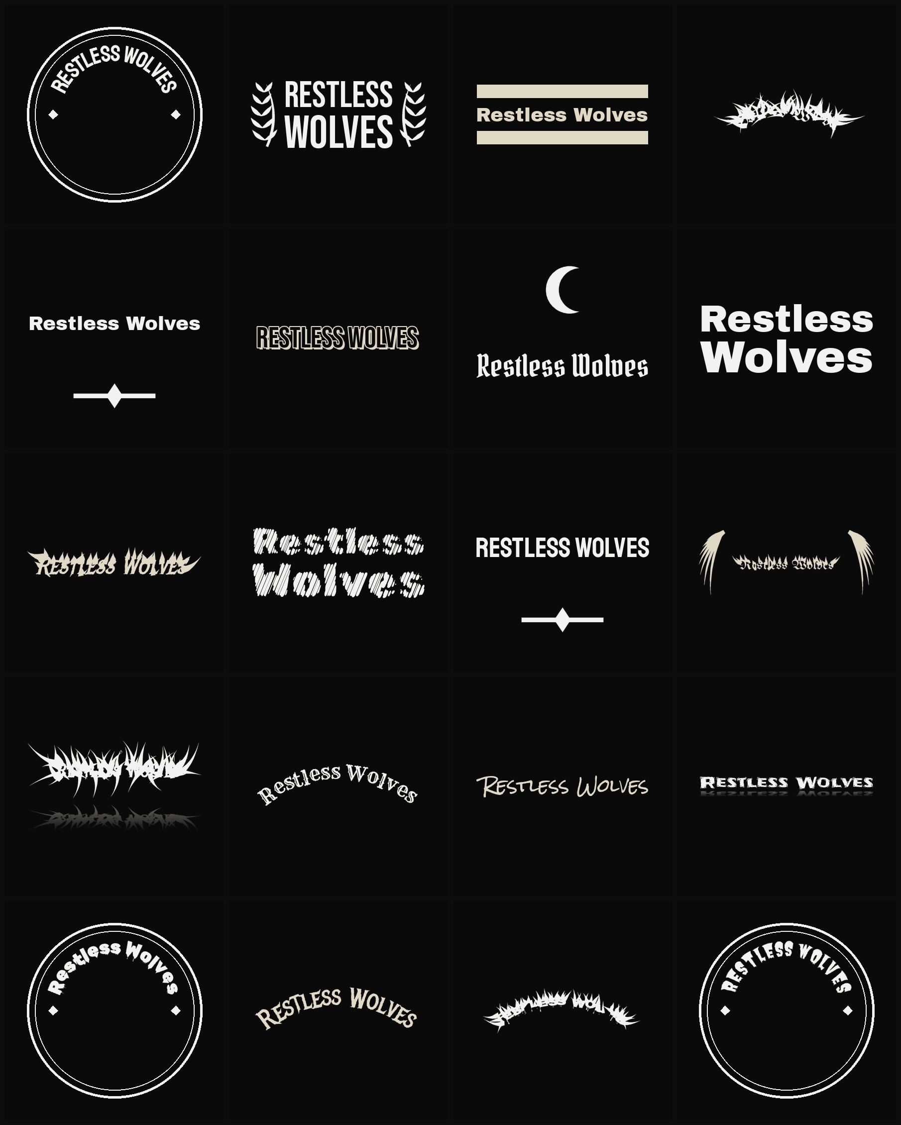 Twenty Restless Wolves band logo ideas — different faces, treatments and spike settings
