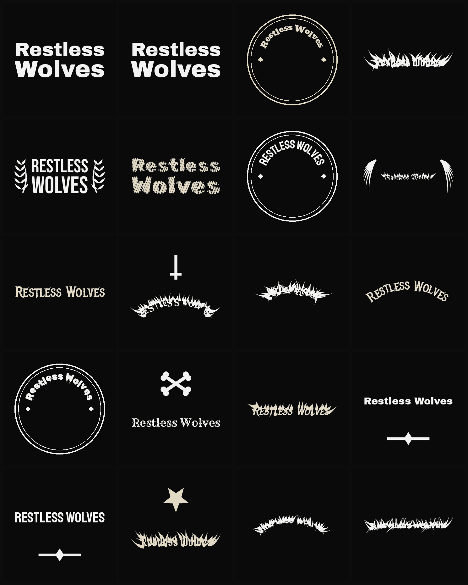 Twenty Restless Wolves band logo ideas — different faces, treatments and spike settings