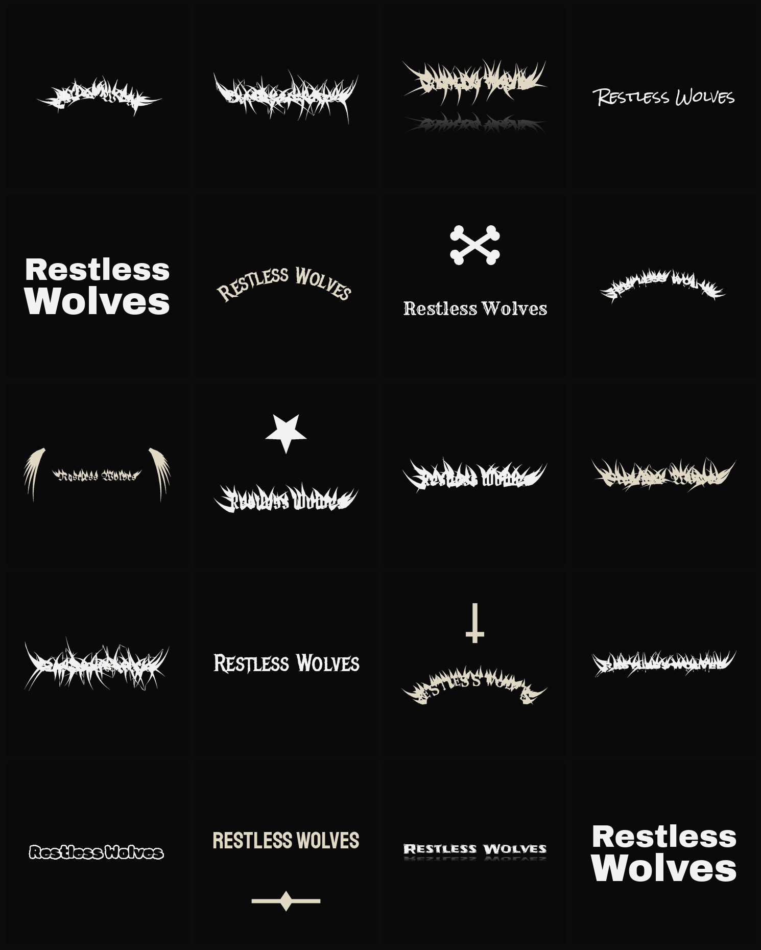 Twenty Restless Wolves band logo ideas — different faces, treatments and spike settings