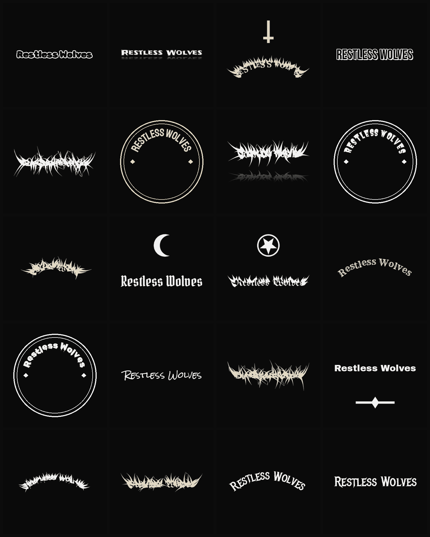 Twenty Restless Wolves band logo ideas — different faces, treatments and spike settings