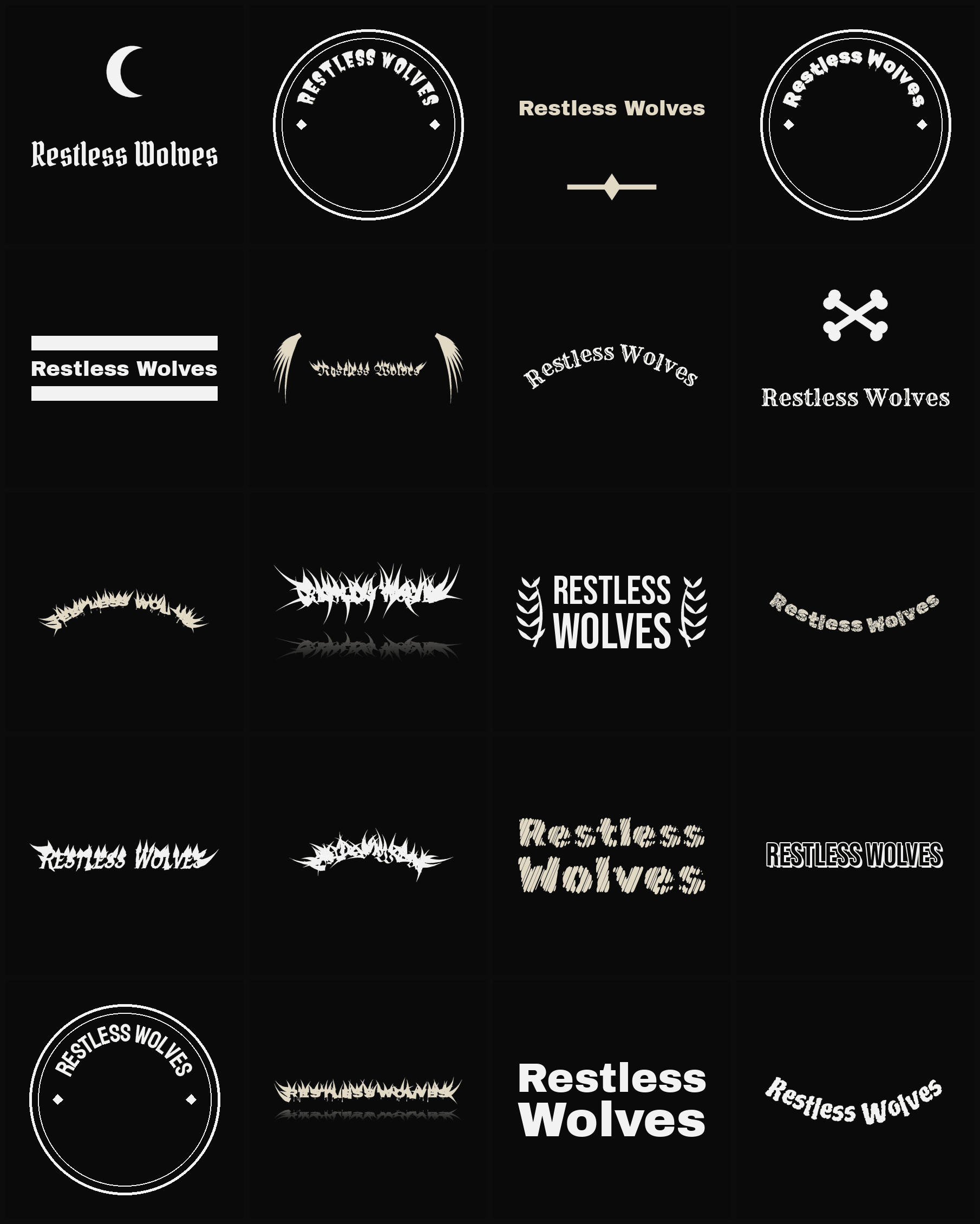 Twenty Restless Wolves band logo ideas — different faces, treatments and spike settings
