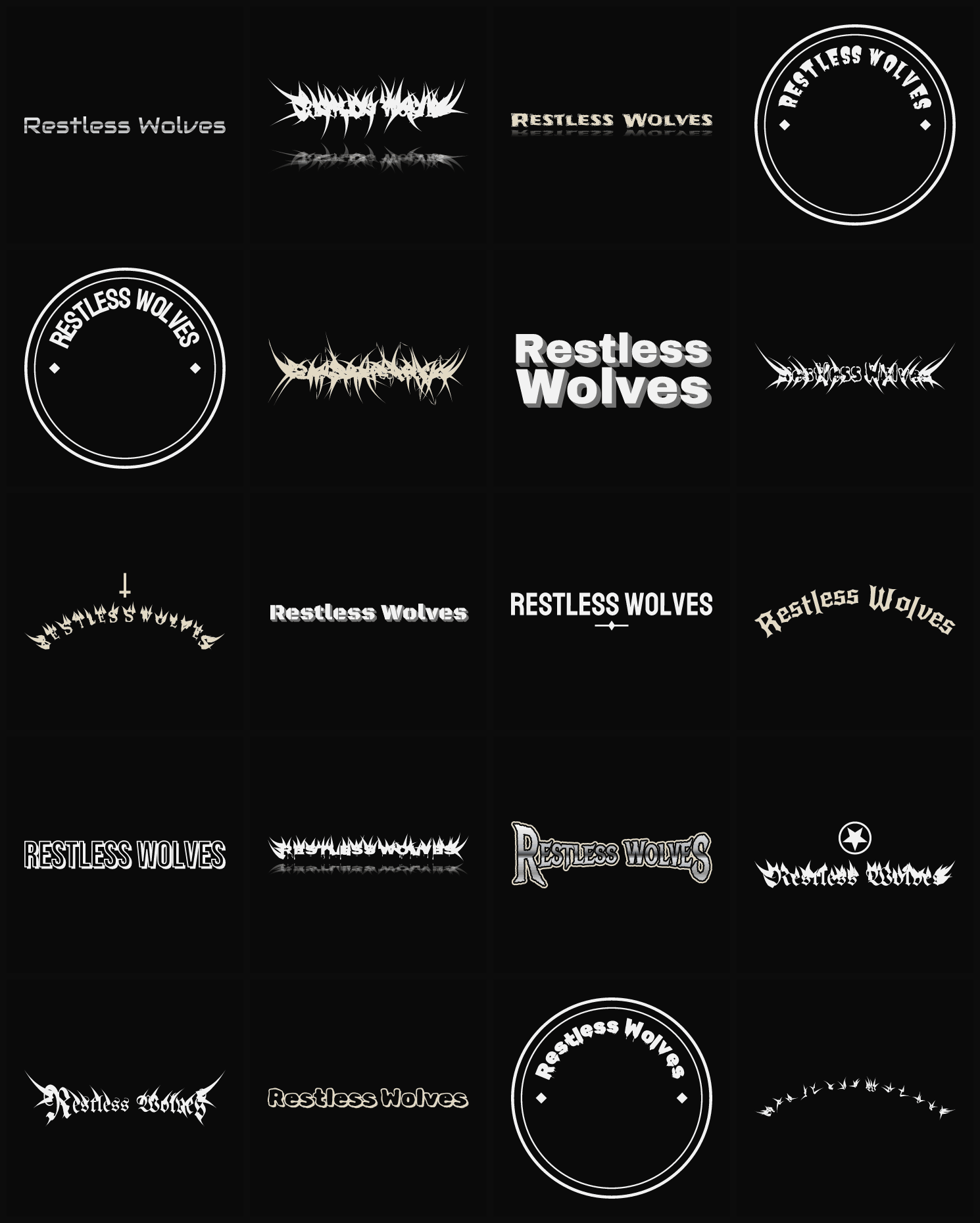 Twenty Restless Wolves band logo ideas — different faces, treatments and spike settings