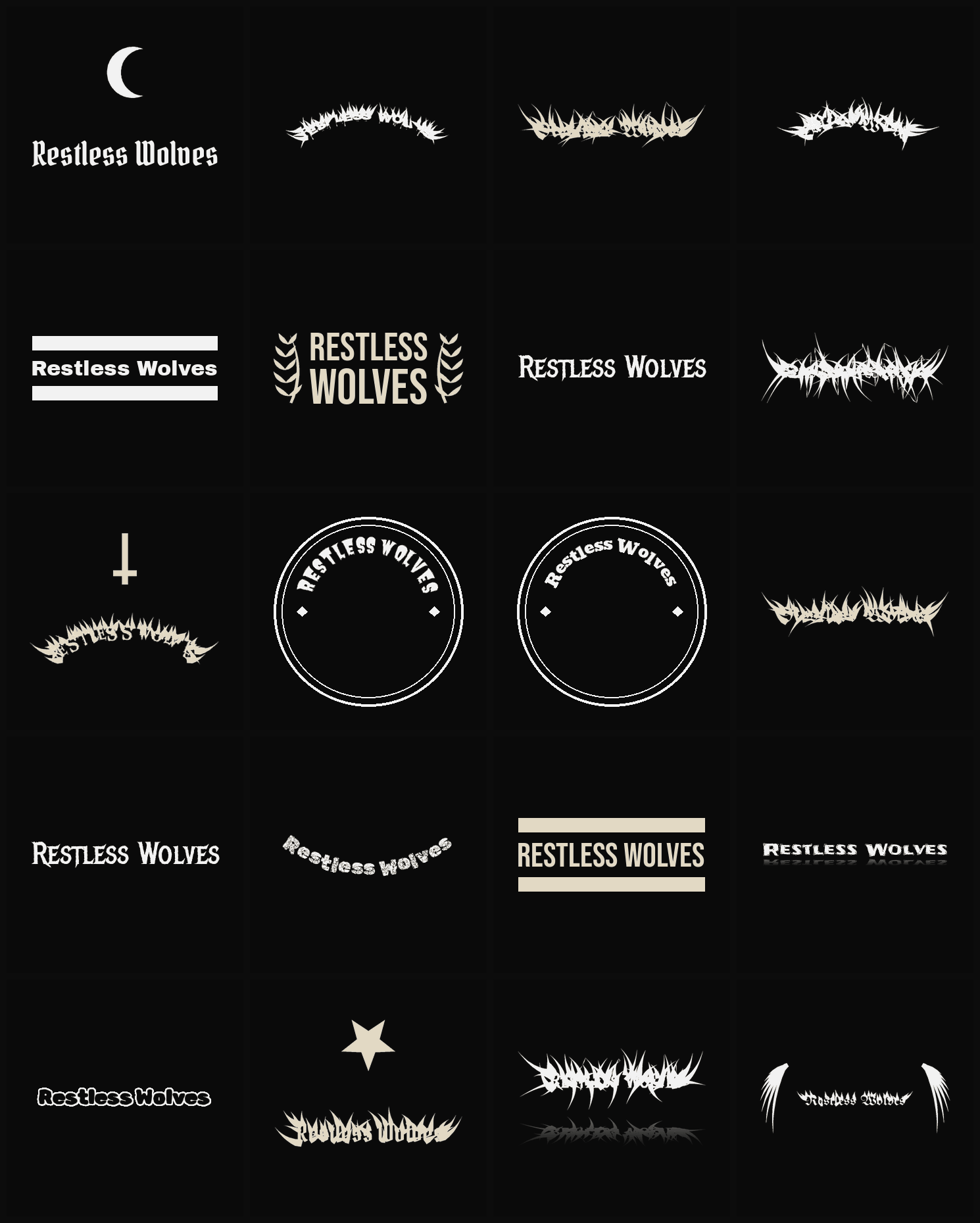 Twenty Restless Wolves band logo ideas — different faces, treatments and spike settings