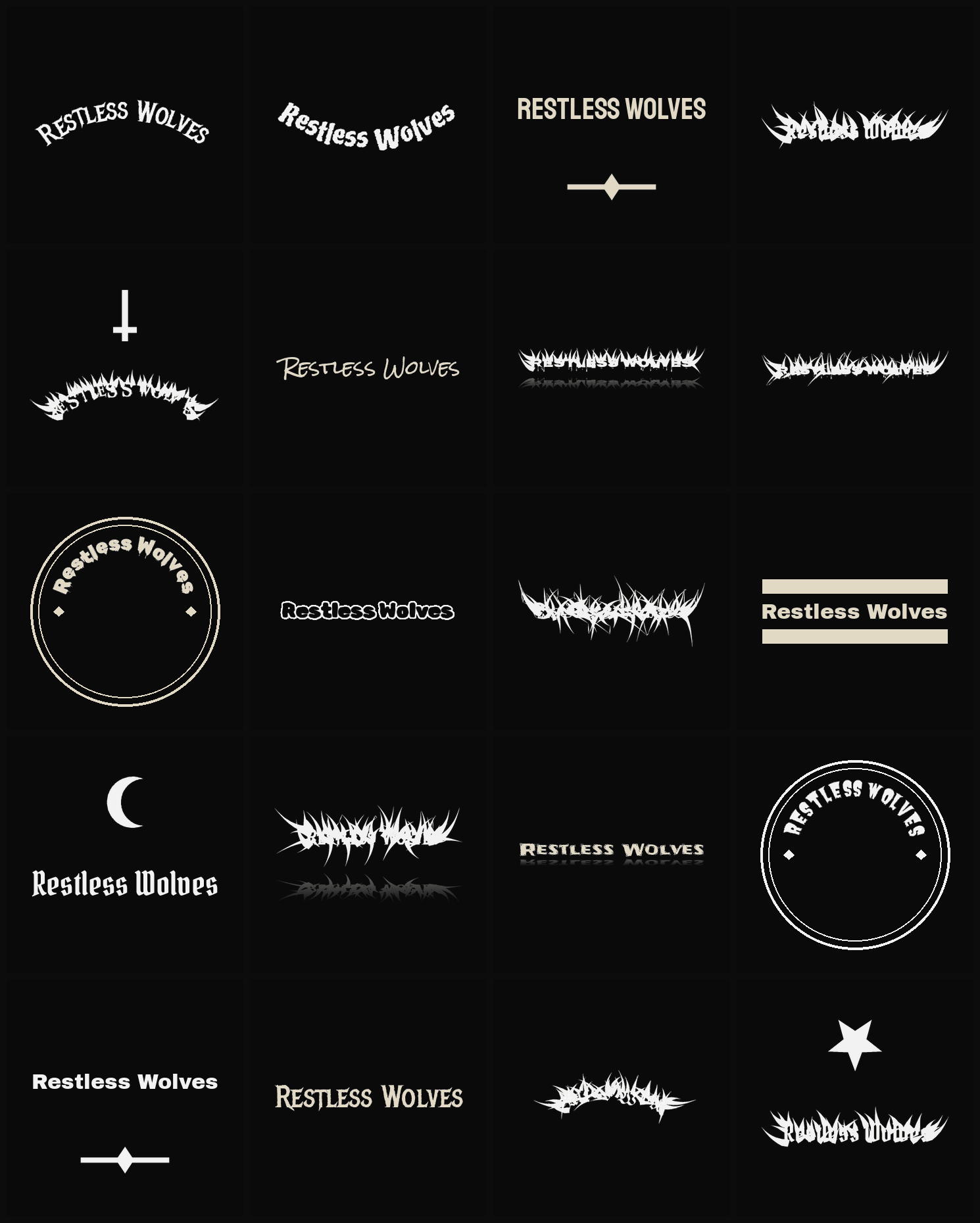 Twenty Restless Wolves band logo ideas — different faces, treatments and spike settings