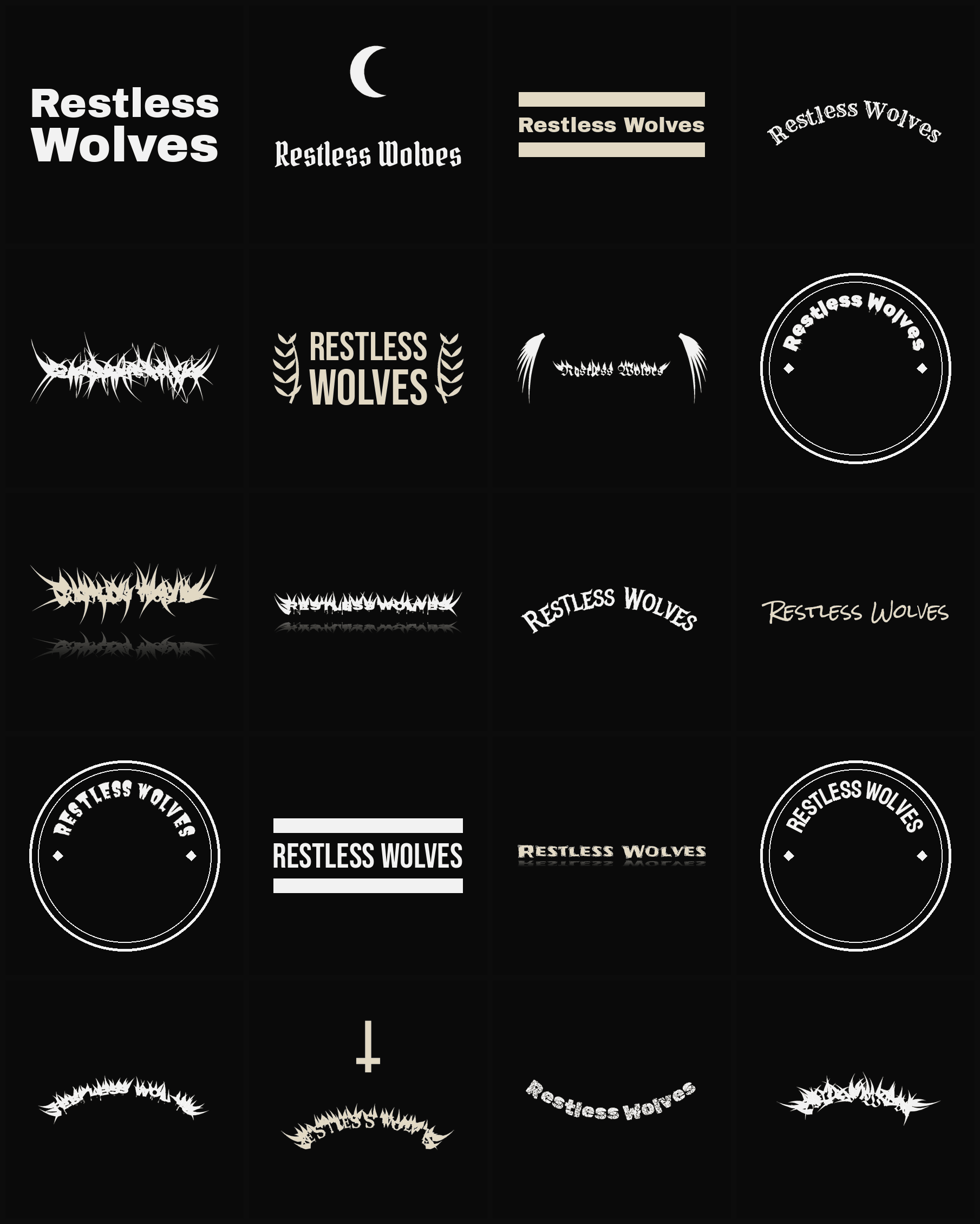 Twenty Restless Wolves band logo ideas — different faces, treatments and spike settings