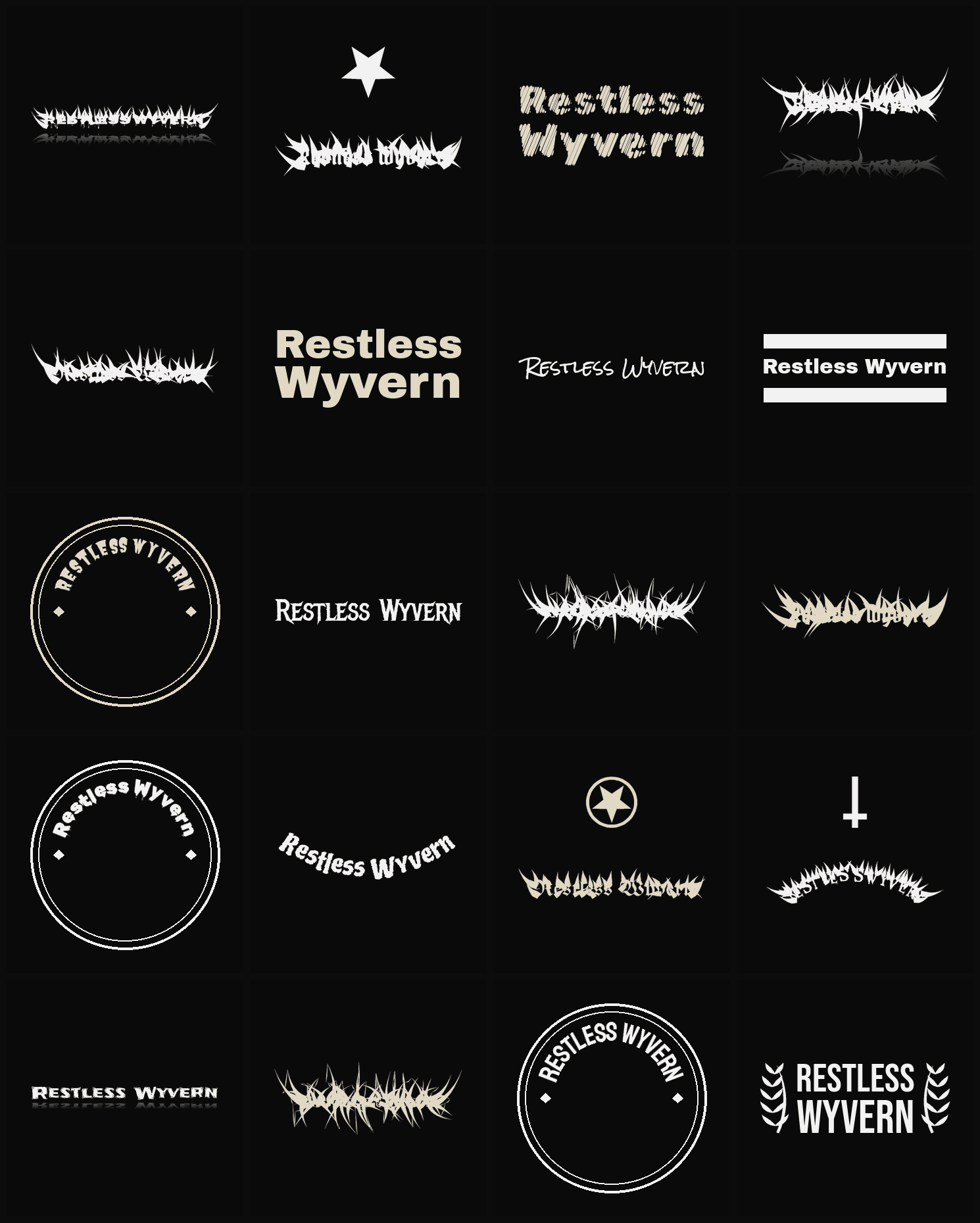 Twenty Restless Wyvern band logo ideas — different faces, treatments and spike settings