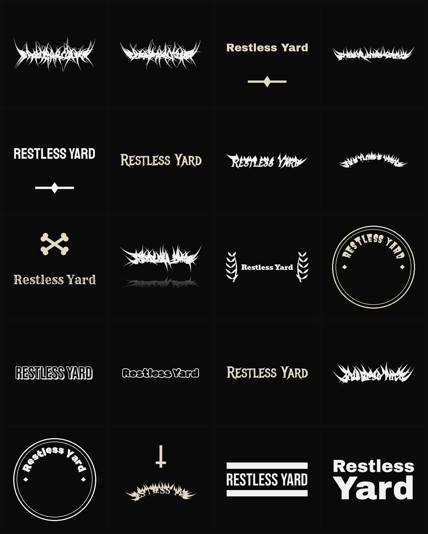 Twenty Restless Yard band logo ideas — different faces, treatments and spike settings