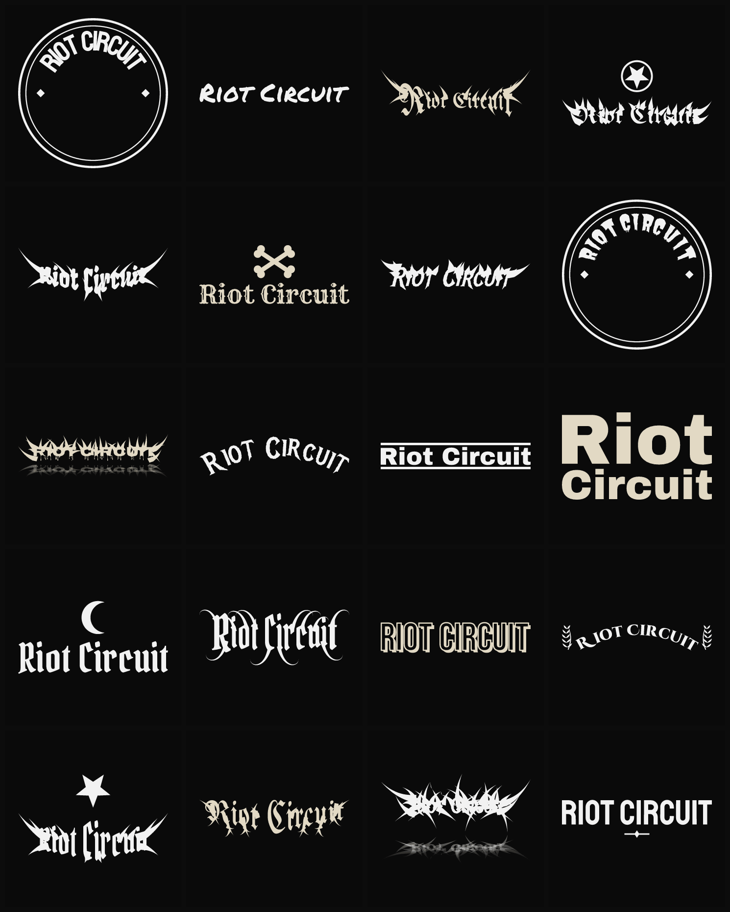 Twenty Riot Circuit band logo ideas — different faces, treatments and spike settings
