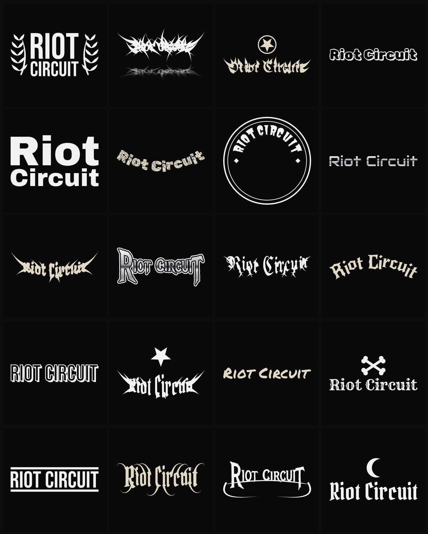Twenty Riot Circuit band logo ideas — different faces, treatments and spike settings