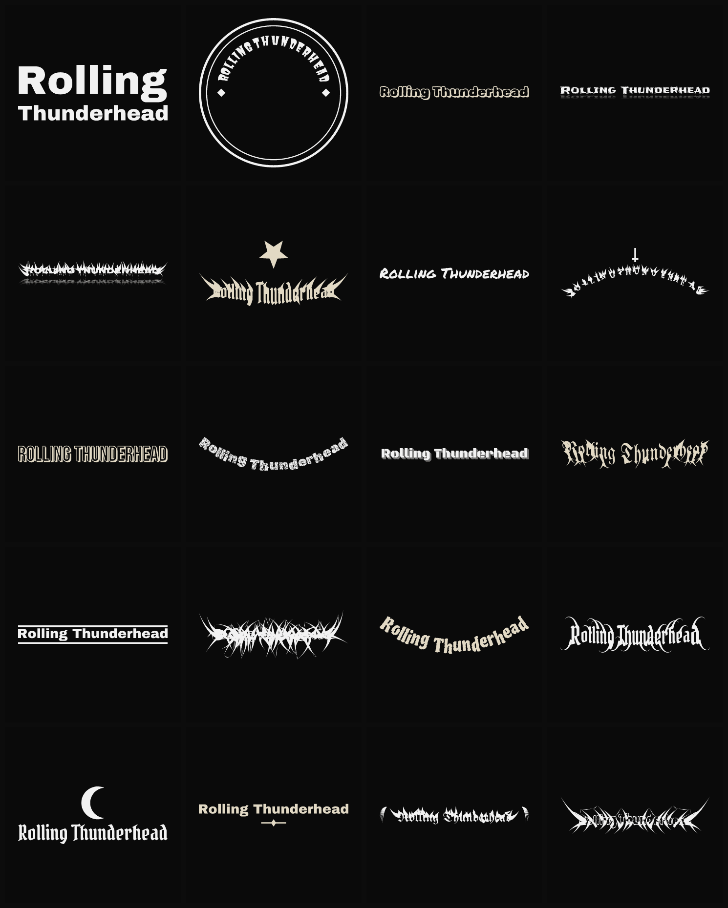 Twenty Rolling Thunderhead band logo ideas — different faces, treatments and spike settings