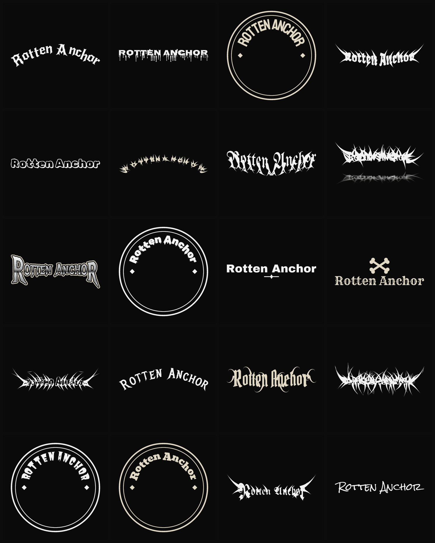 Twenty Rotten Anchor band logo ideas — different faces, treatments and spike settings